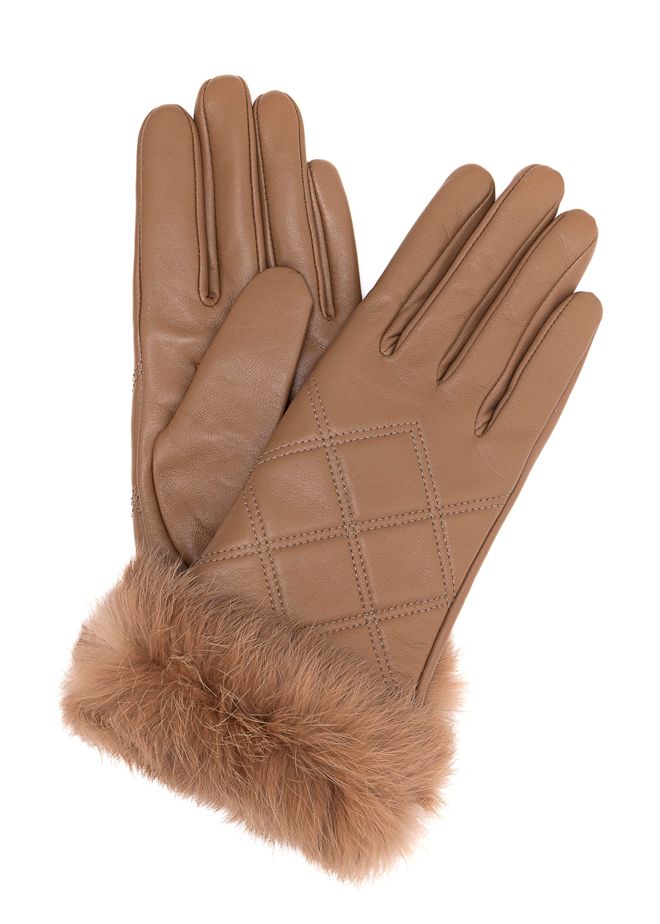 Women's leather gloves with rabbit fur REKDS-0071A-81(Z25), front product view on white background.