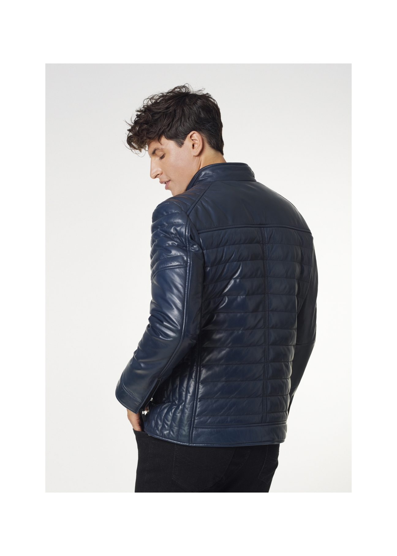 Men's navy blue glossy leather jacket KURMS-0195-4517(Z21)-06
