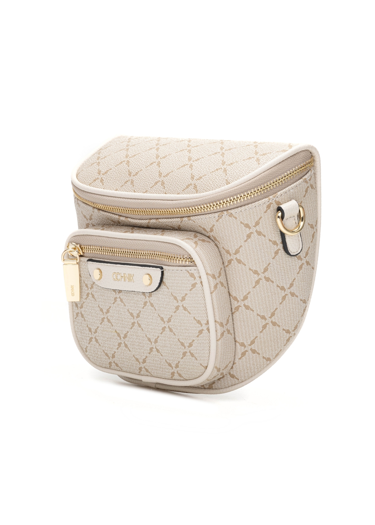 Cream women's waist bag with monogram TOREC-1157-0P(W26) - diagonal view of the product, on a white background.