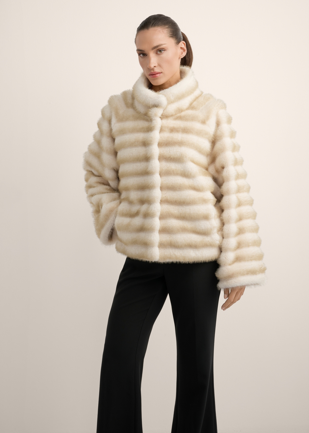 Light beige women's fur coat FUTDP-0081-1A(Z26) - front view of the product, against a light background. Knee-length silhouette visible.