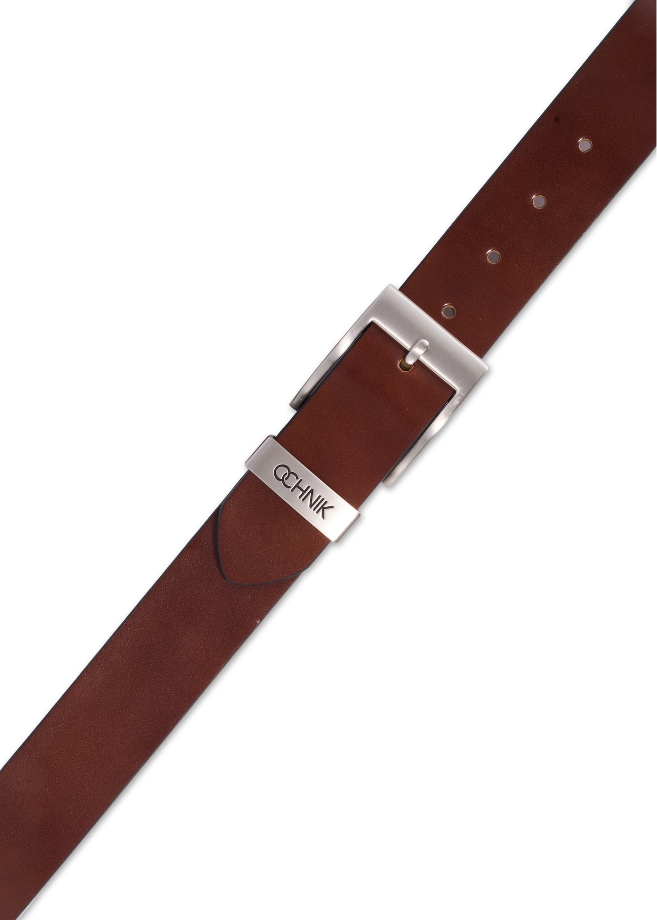 Men's cognac-colored leather belt PASMS-0127-1F(Z26), top view on a white background.