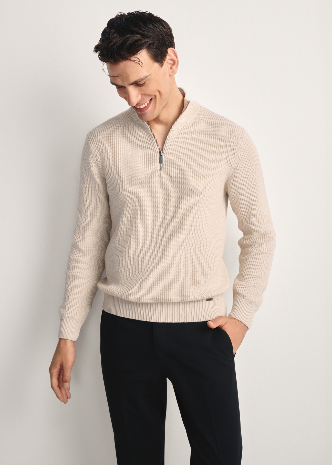 Beige men's sweater SWEMT-0175-80(Z25), front product view on the model. Half of the silhouette visible.