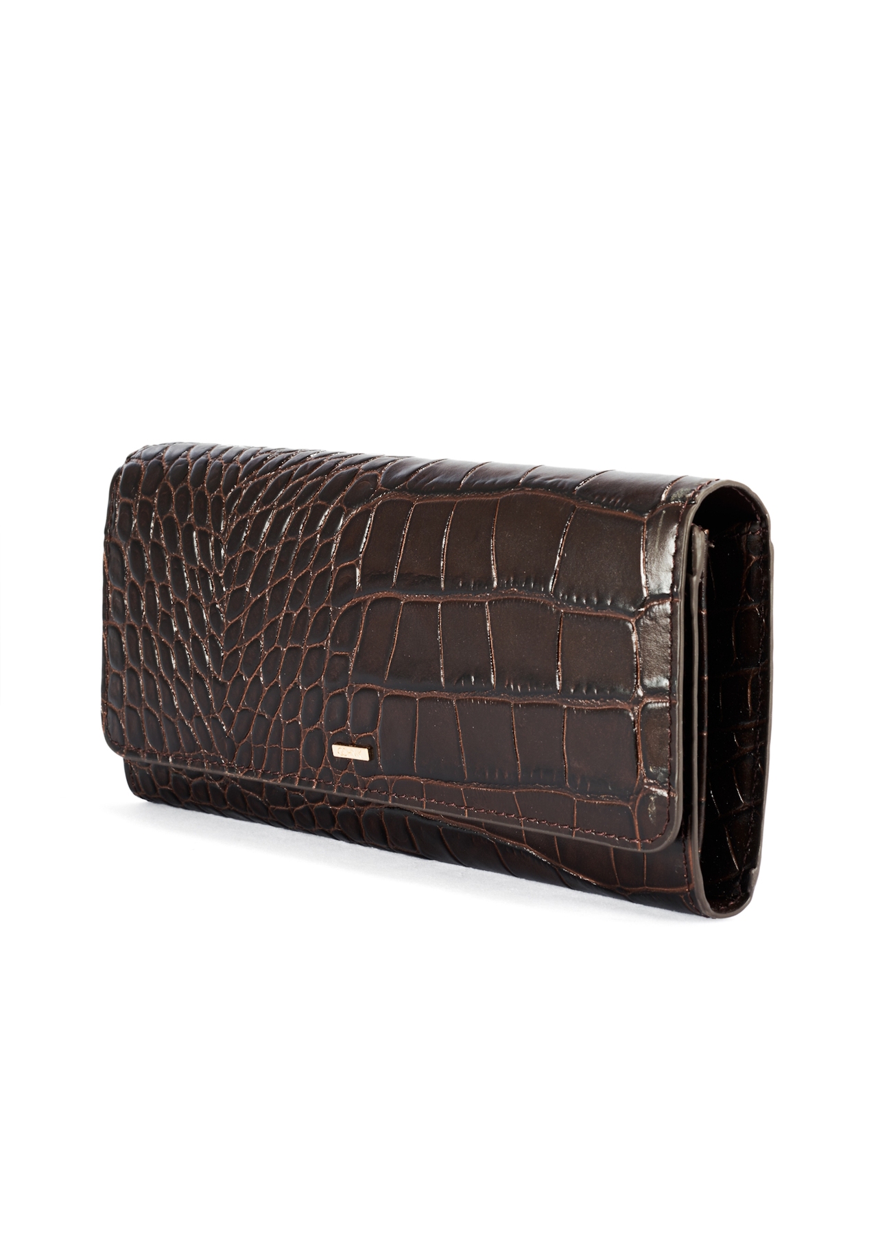 Brown women's croco wallet PORES-0954-89(W25) - diagonal product view on white background.