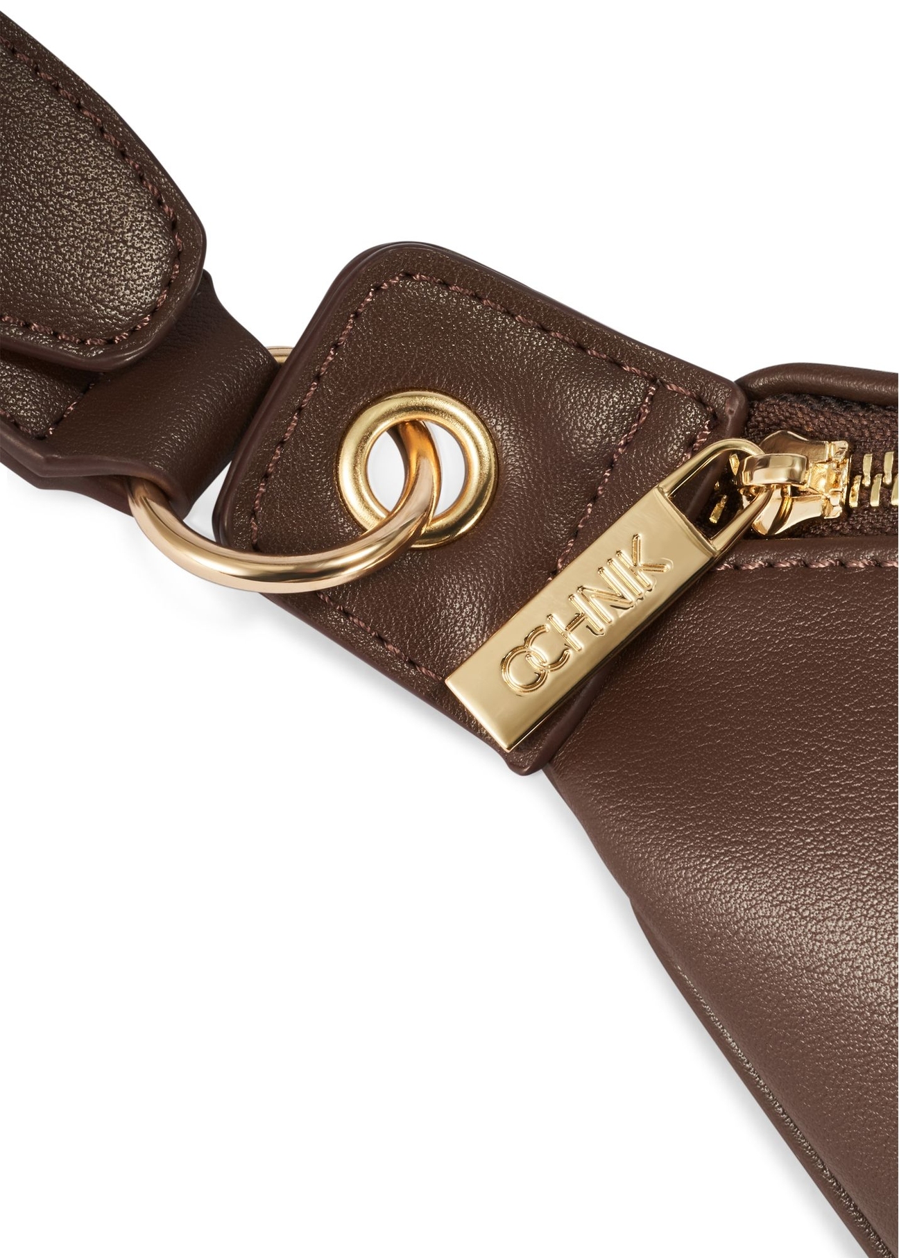 Brown women's waist bag TOREC-0788-1H(Z26) , close-up of the product zipper, view on a white background.