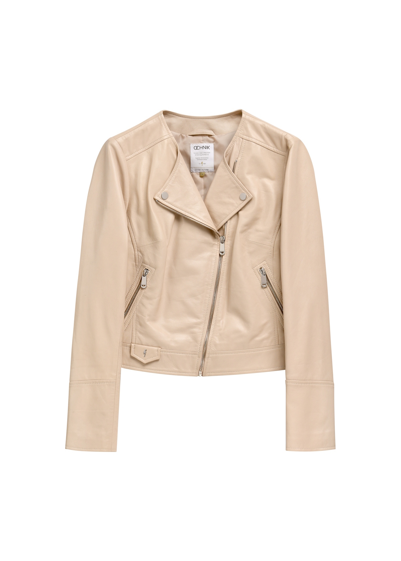 Beige women's leather biker jacket KURDS-0273-1B(KS) - front product view, on a white background.