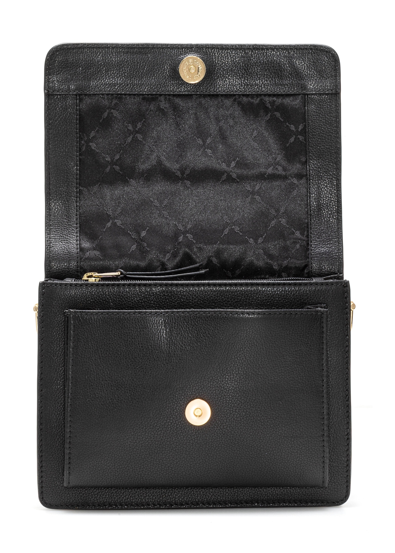Black leather messenger bag TORES-1182-99(Z25), product view open on white background.