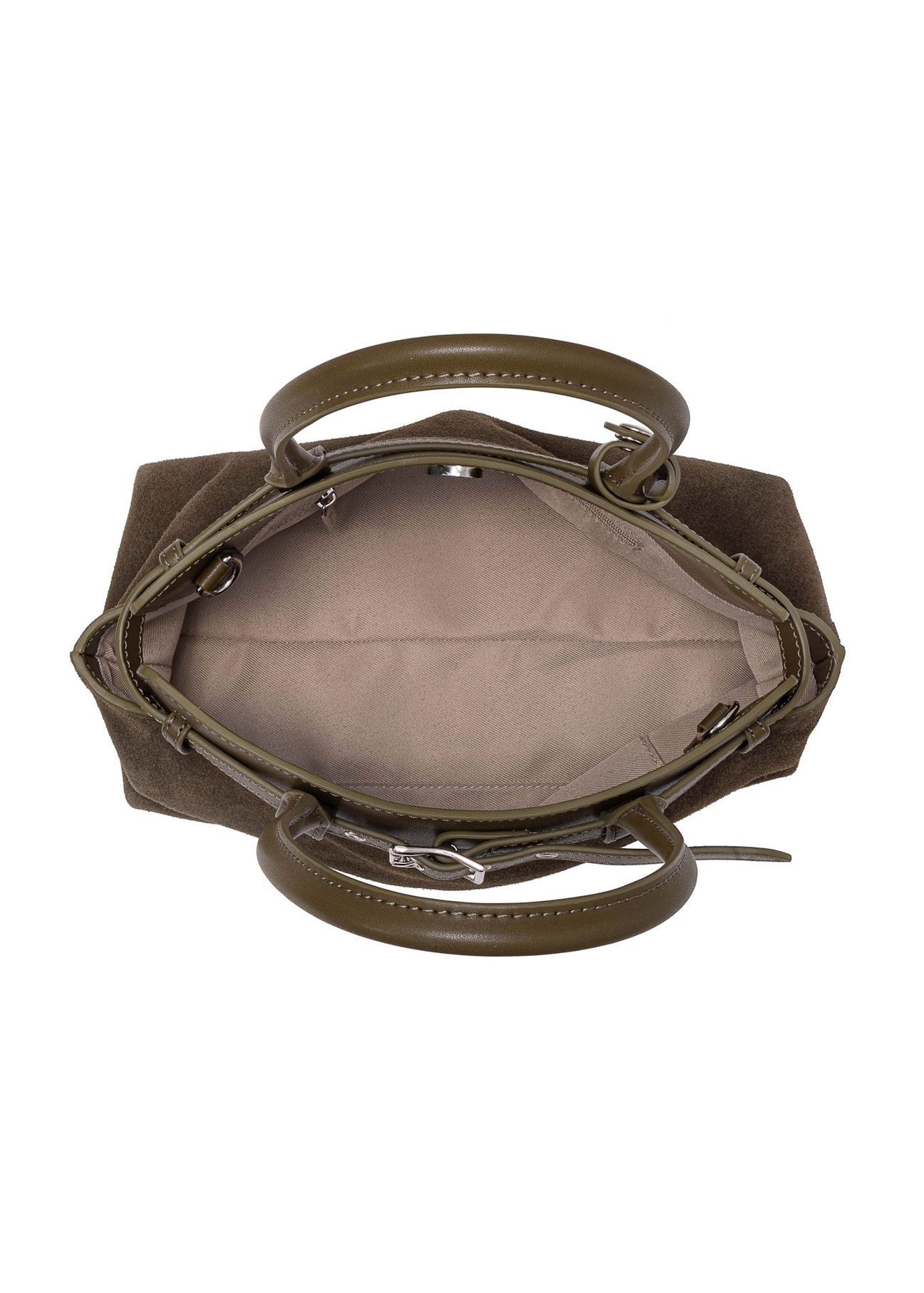 Women's khaki suede handbag TORES-1192-55(Z25), product view inside on white background.