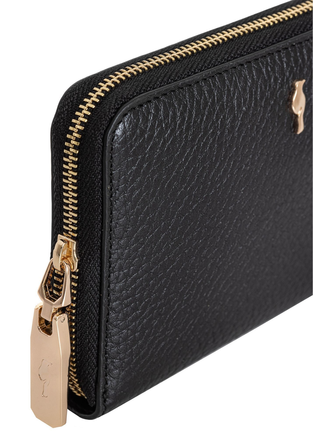 Black leather medium women's wallet PORES-0898R-9I(W26), close-up of the product detail on a white background.