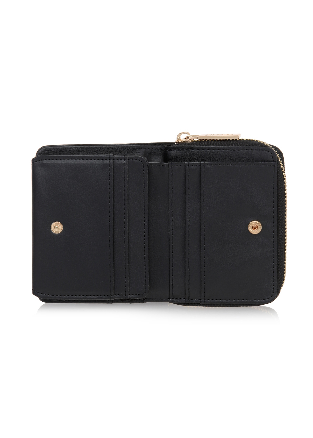Small black women's wallet with monogram POREC-0349A-99(Z25), product view inside on white background.