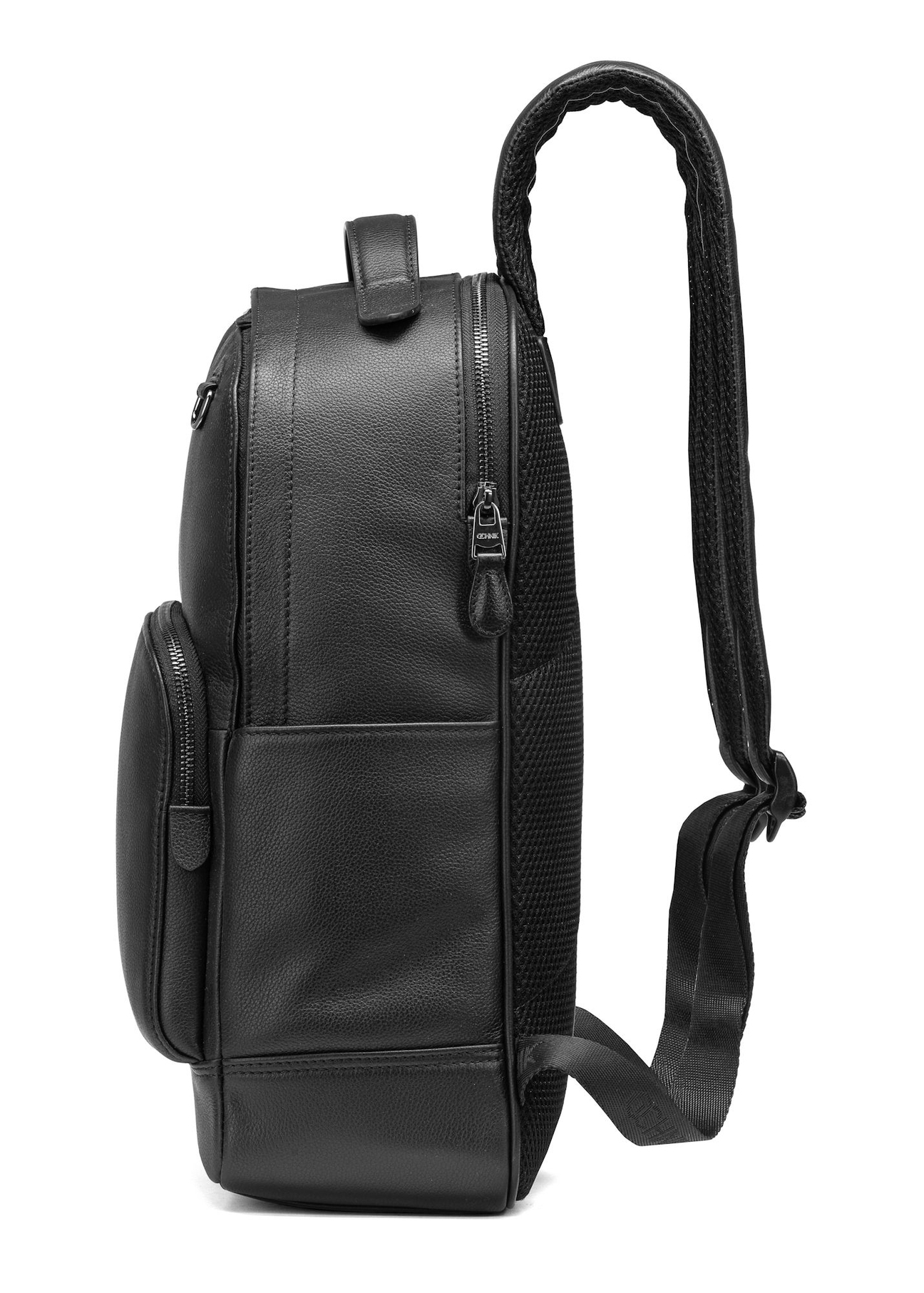 Men's black leather backpack PLCMS-0018R-9I(W26), side product view on white background.