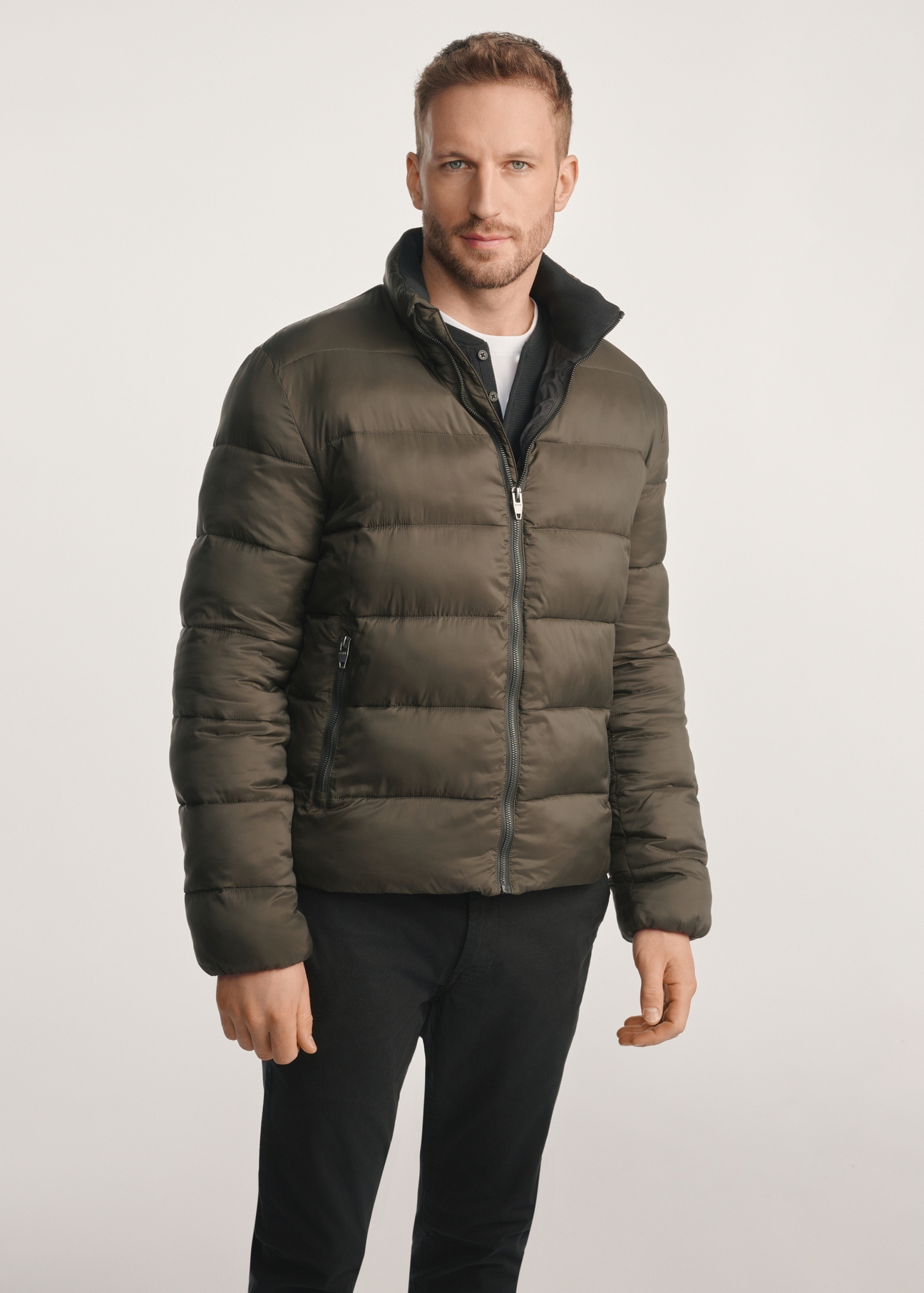 Men's olive transitional jacket KURMT-0389-57(Z25), product visible from the front on the model, half of the silhouette visible.