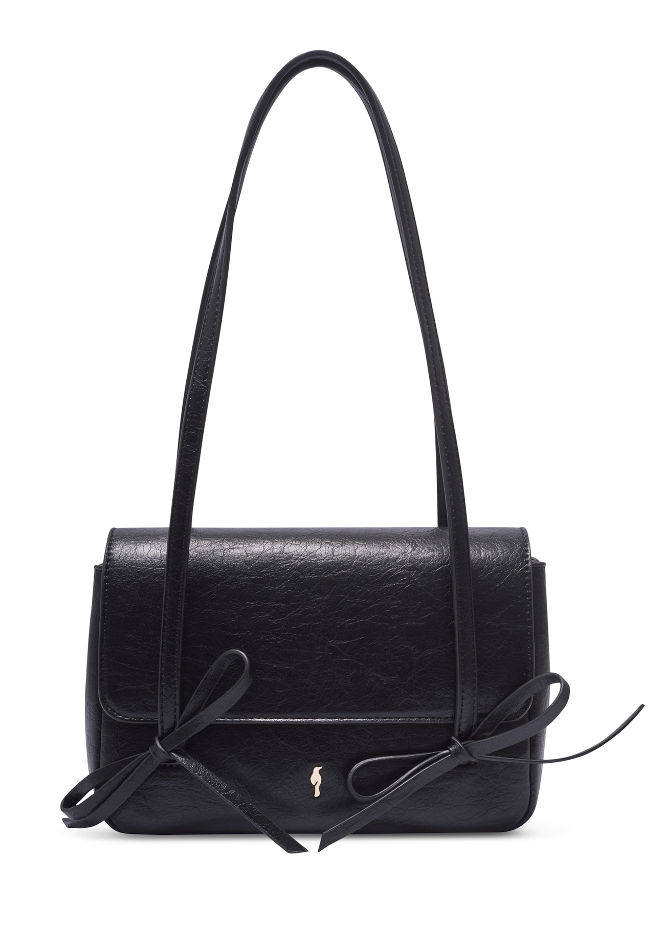 Small black women's handbag with bows TOREC-1379-99(Z26), front product view on white background.