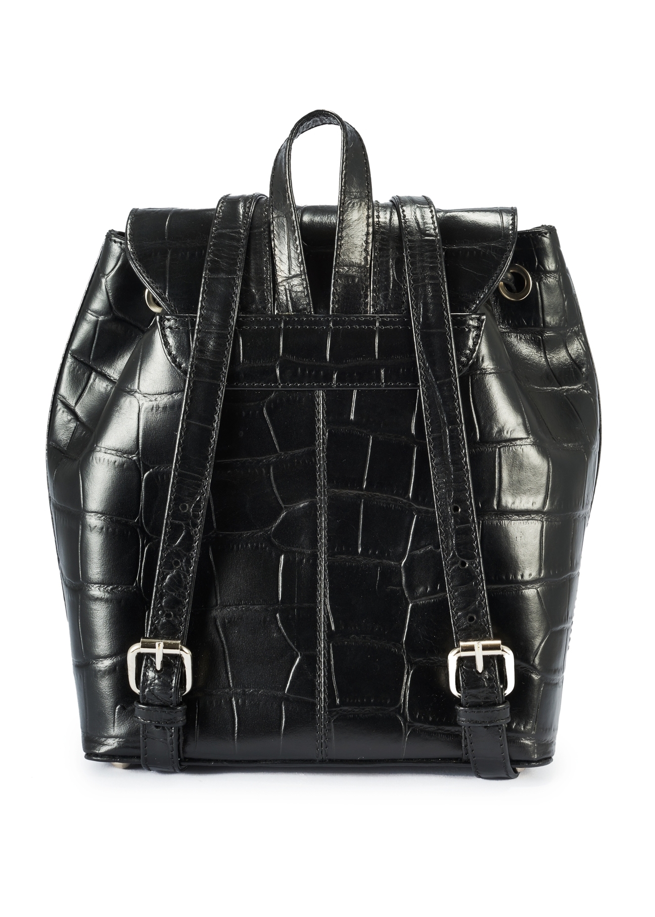 Black croco leather women's backpack TORES-1131-99(Z25), product view from the back on a white background.