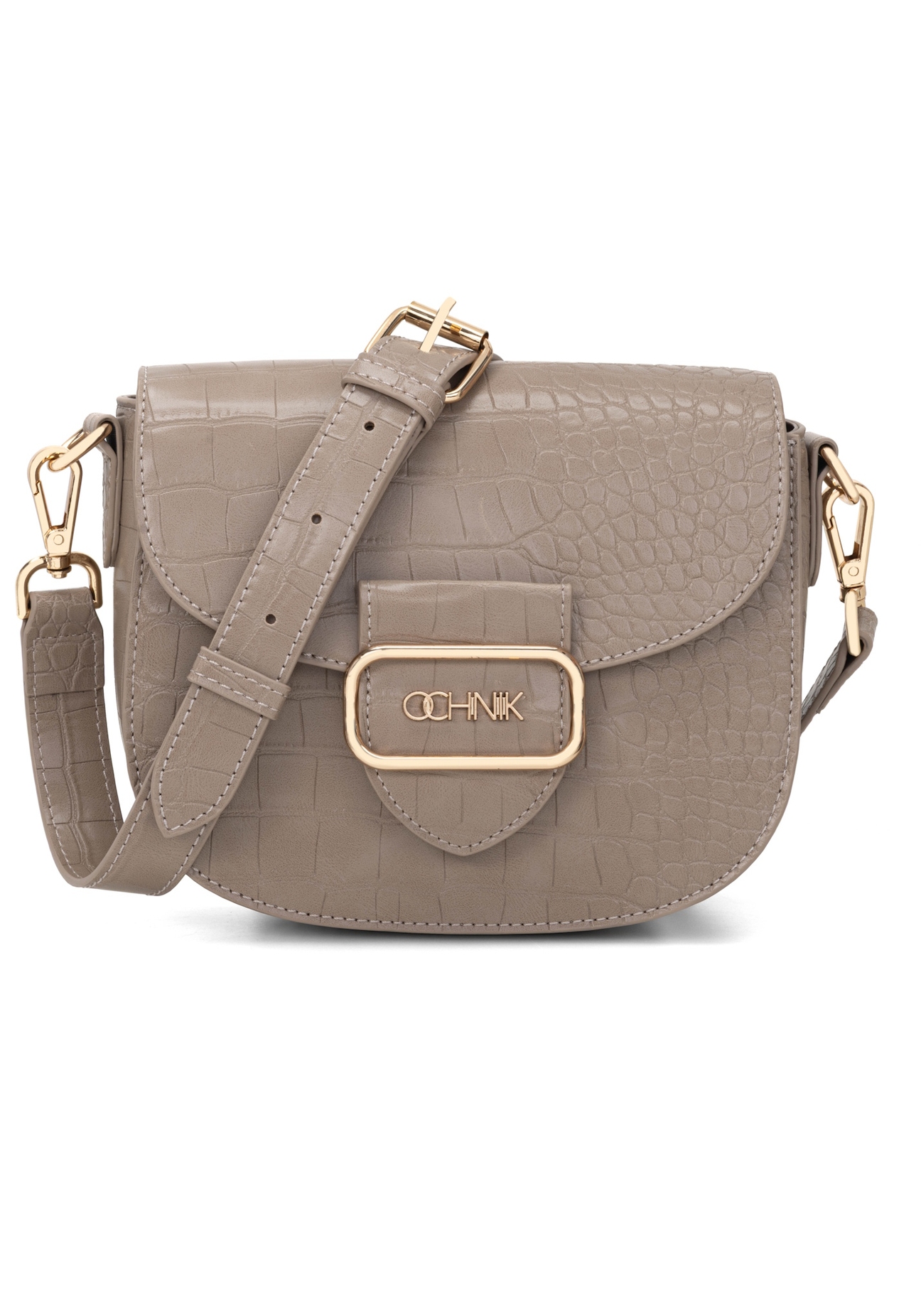 Beige women's croco messenger bag TOREC-0880-1D(W26), front product view on white background.