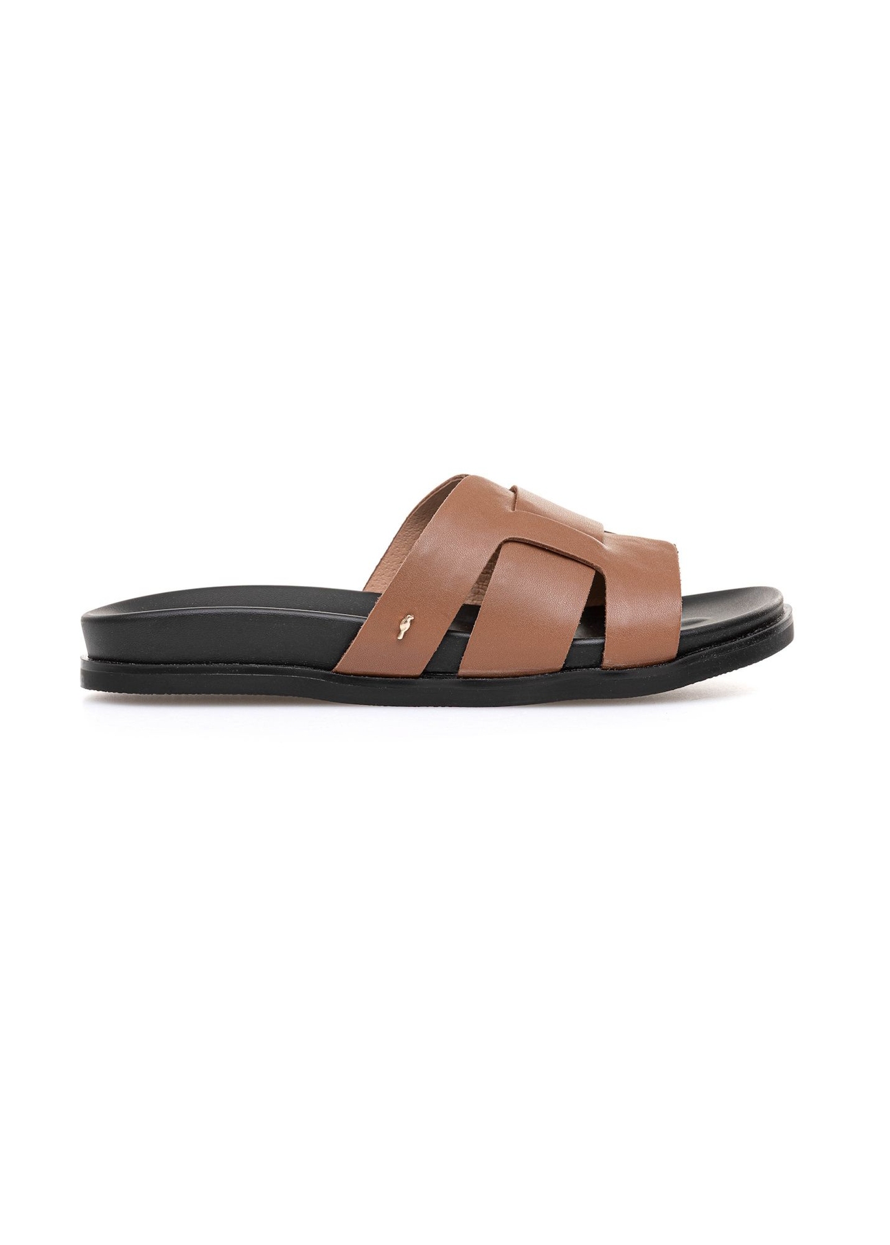 Women's camel leather slides BUTYD-1163-1D(W26), side product view on white background.