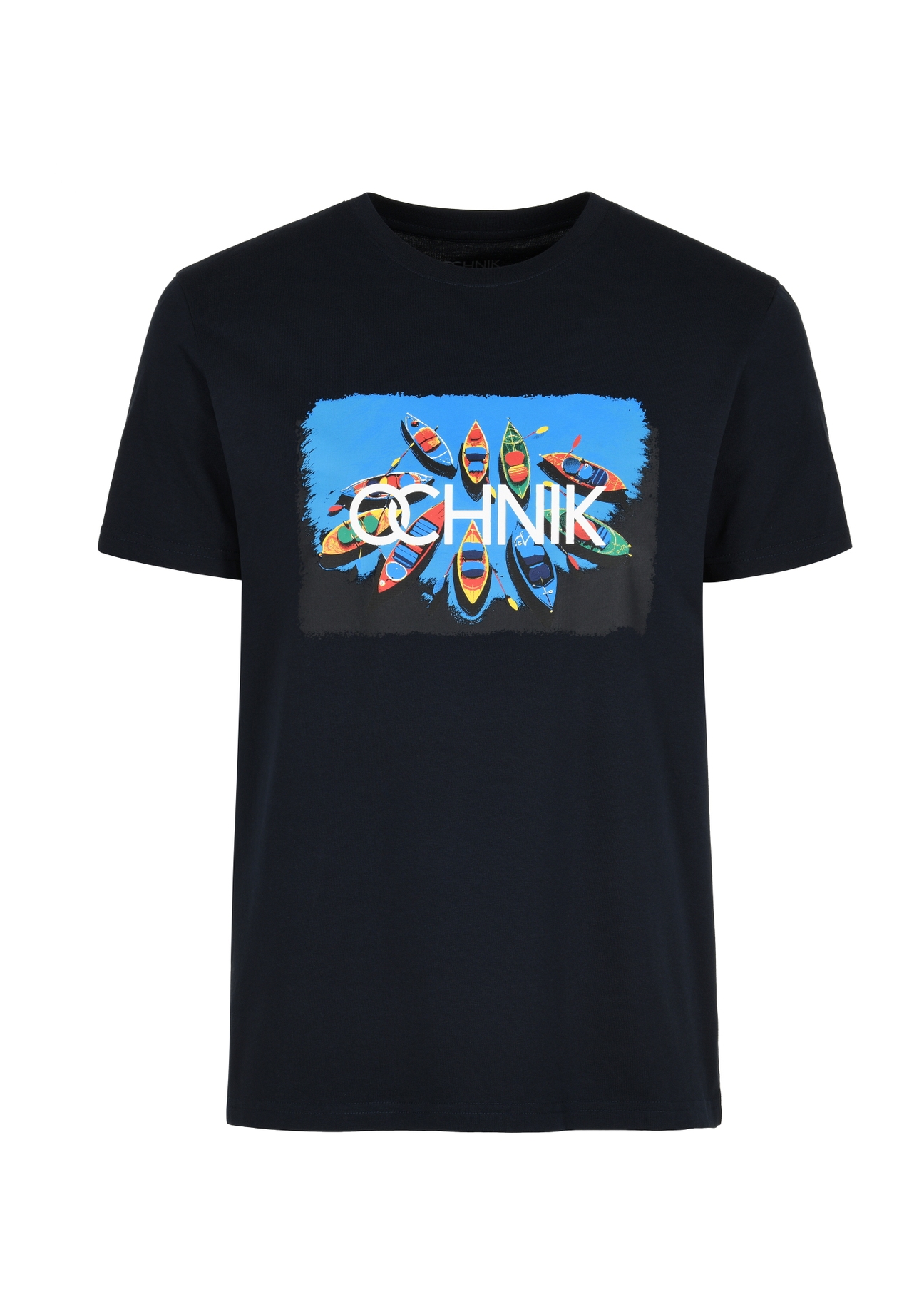 Navy blue T-shirt with colorful print for men TSHMT-0105-69(W24)-03