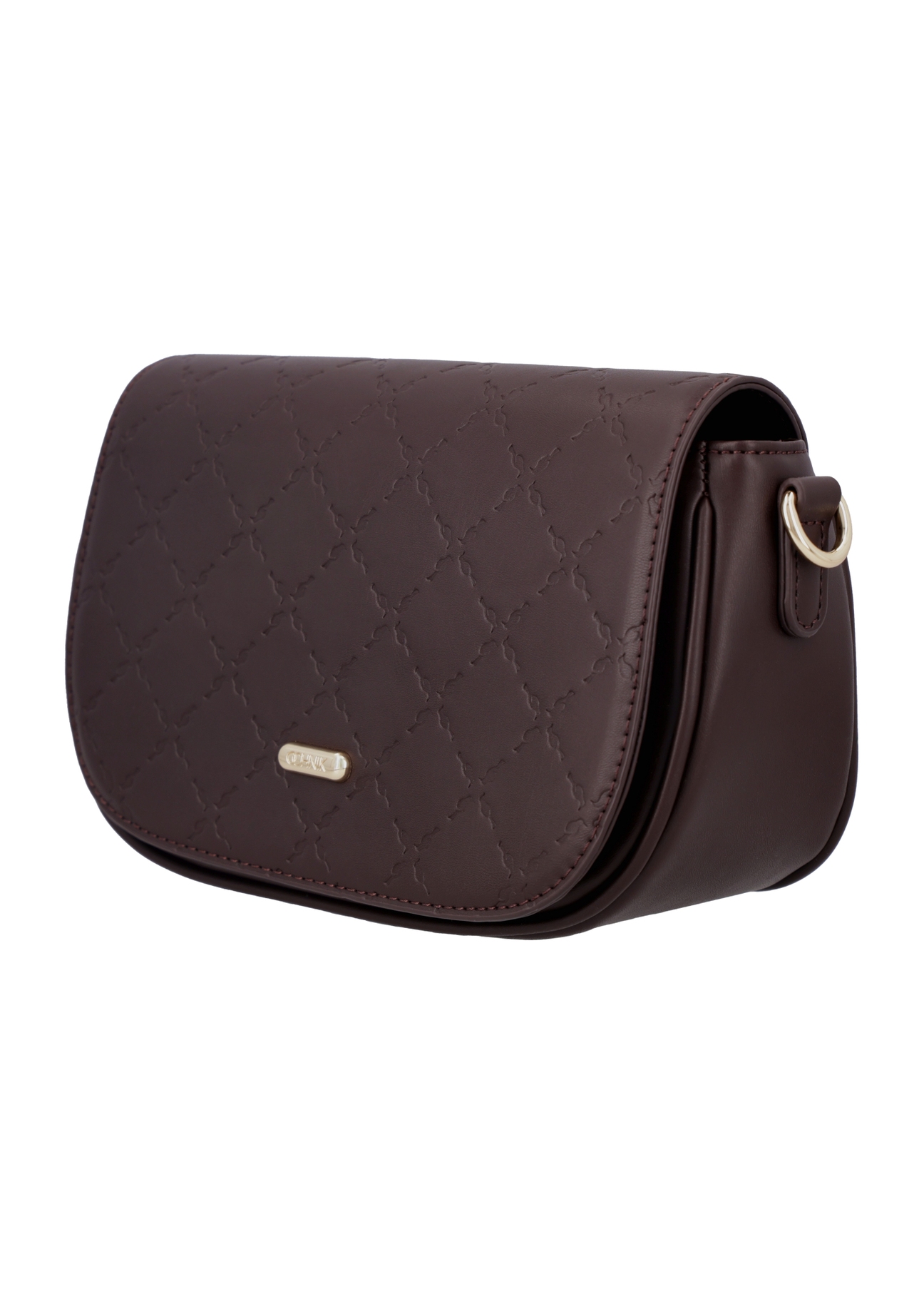 Small brown women's messenger bag TOREC-1289-1I(Z26), diagonal side view on a white background.