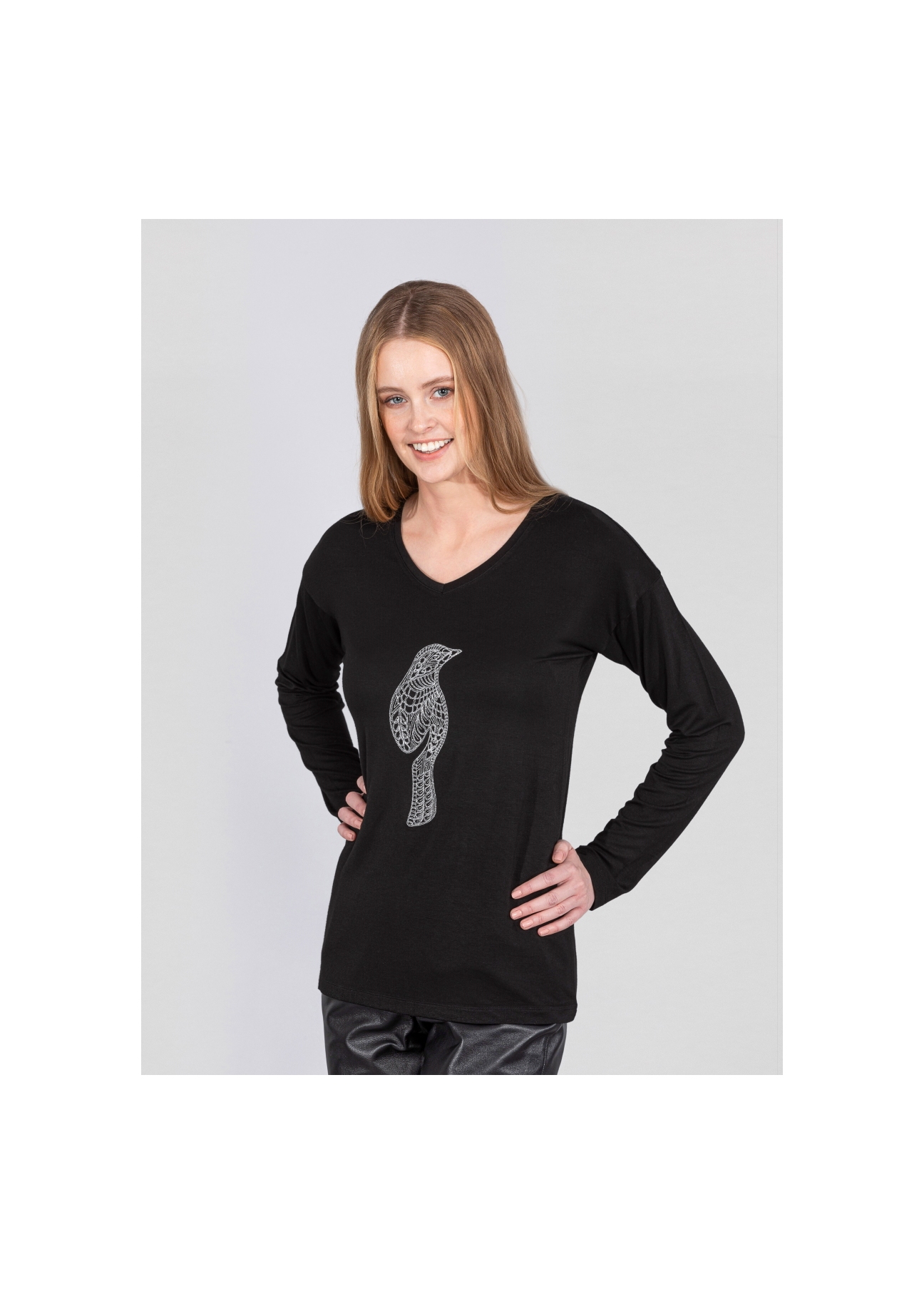 Black women's blouse with silver oriole LSLDT-0018-99(Z20)-01