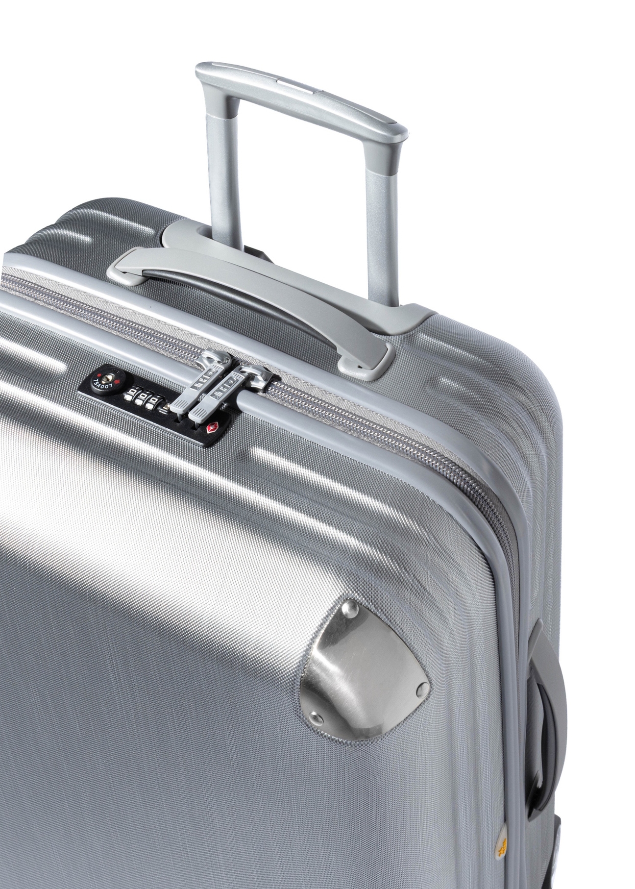 Large suitcase on wheels WALPC-0001-9X-28(W26), close-up view of details on white background.