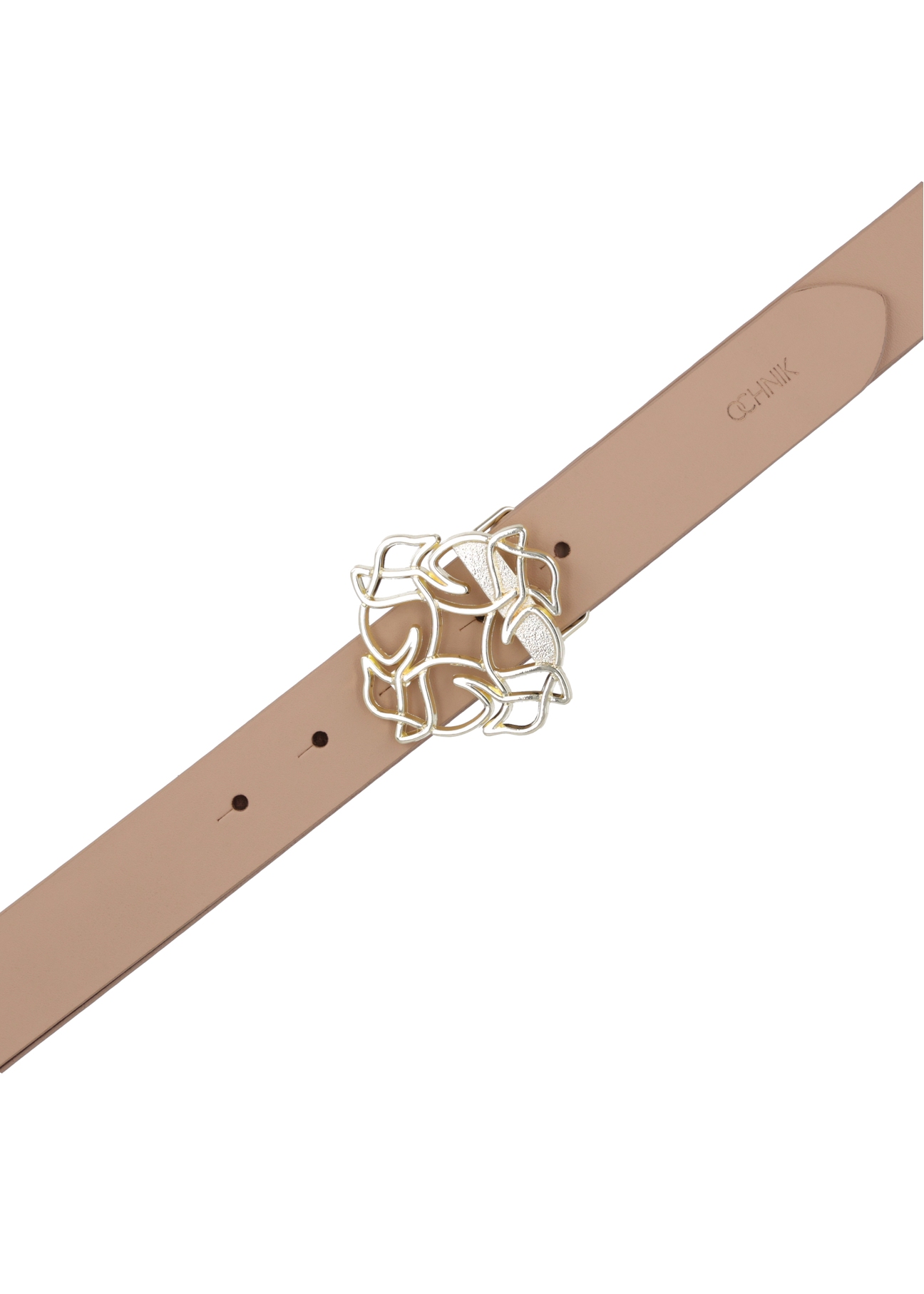 Beige leather women's belt with decorative buckle PASDS-0305-1A(Z26), top view of the product on a white background.