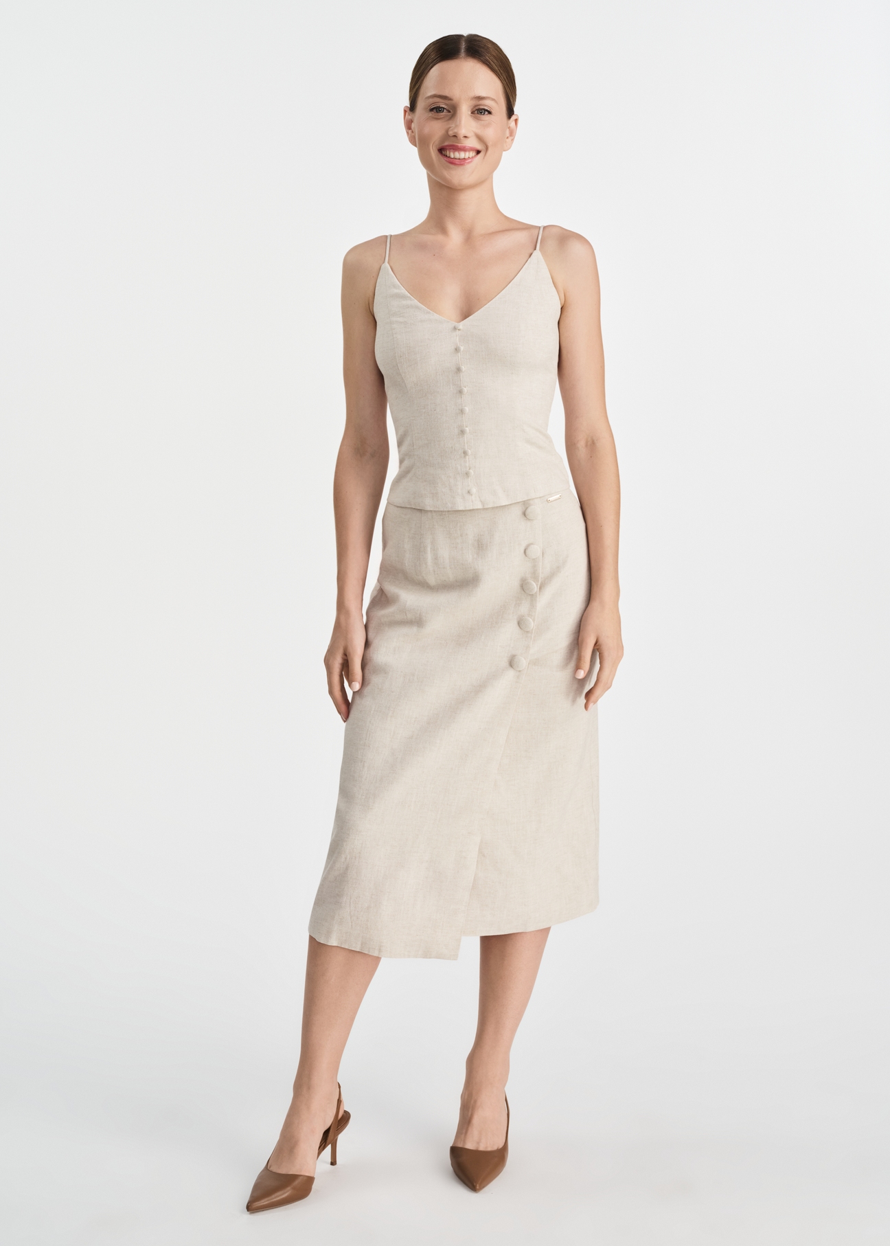 Beige linen midi skirt SPCDT-0108-81(W25)-01