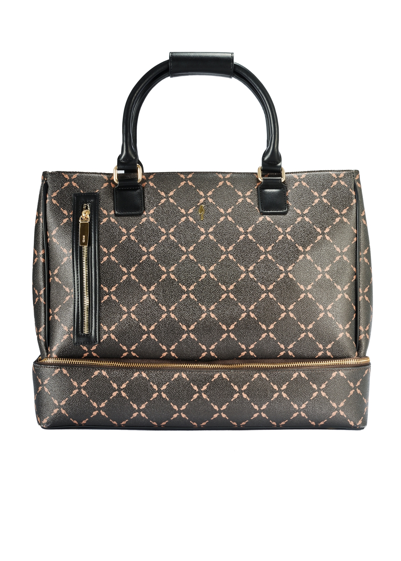Brown monogrammed travel bag TOREC-1079-89(Z25), product view without strap from the front on white background.