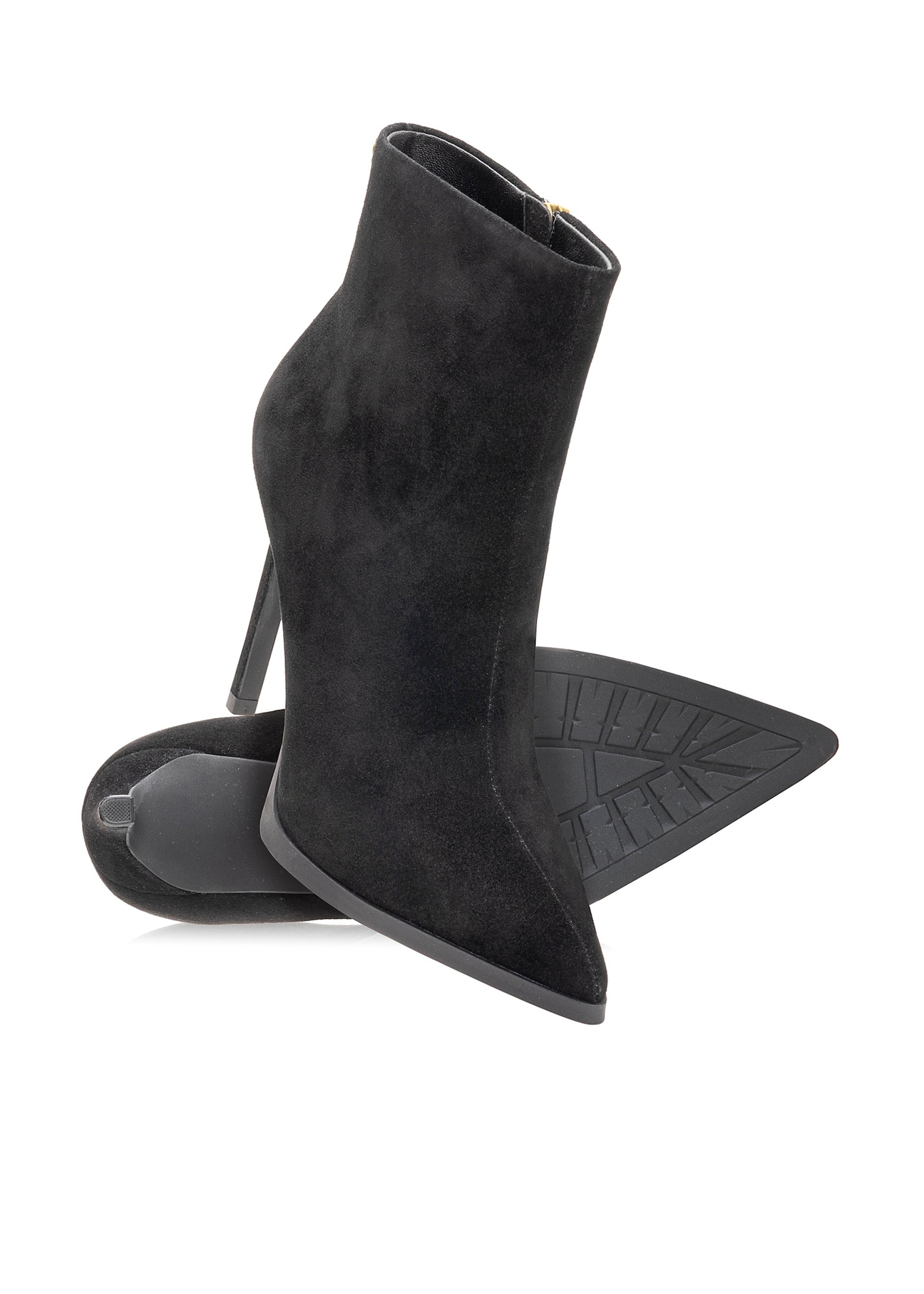 Black suede high heel ankle boots BUTYD-1207-99(Z25), diagonal product view on white background.