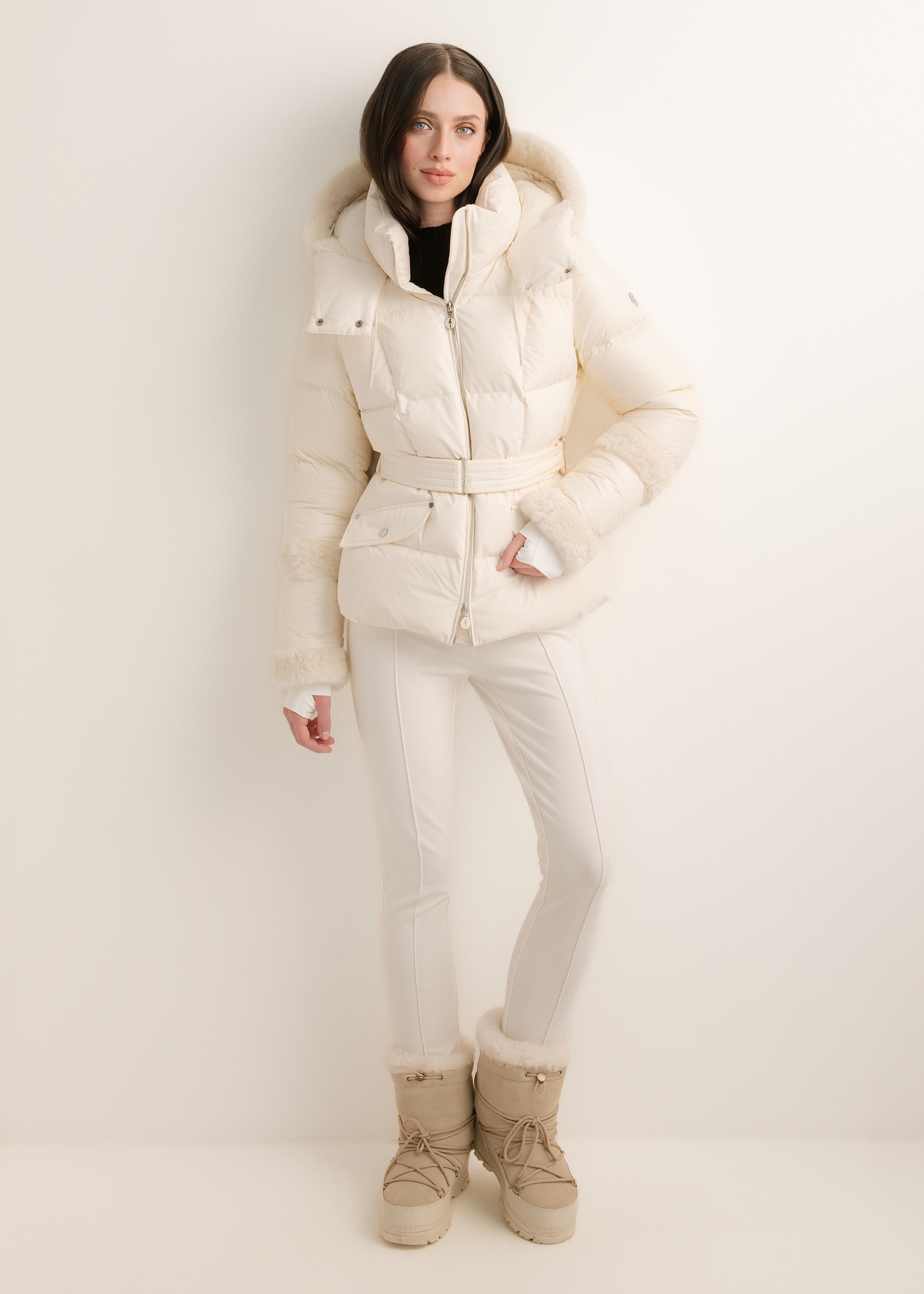 Light beige women's winter jacket KURDT-0705-1A(Z26), front view on a model. Full-body shot.