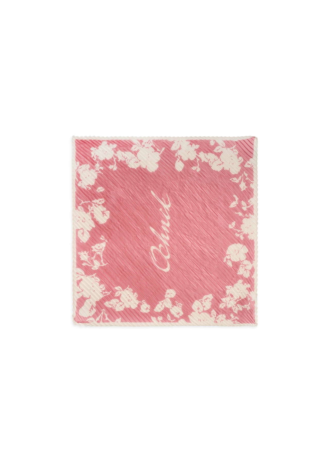 Pink women's scarf with logo SZADT-0192-5P(W26) - product view from above, on a white background.