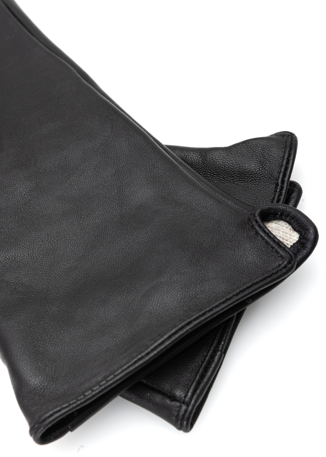 Long black leather women's gloves REKDS-0082A-99(Z25), close-up of product detail, view on white background.