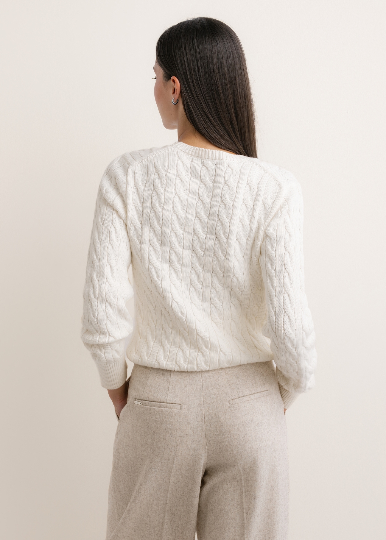 Cream cotton women's sweater SWEDT-0269-0B(Z26), back view on a model. Half-body shot.