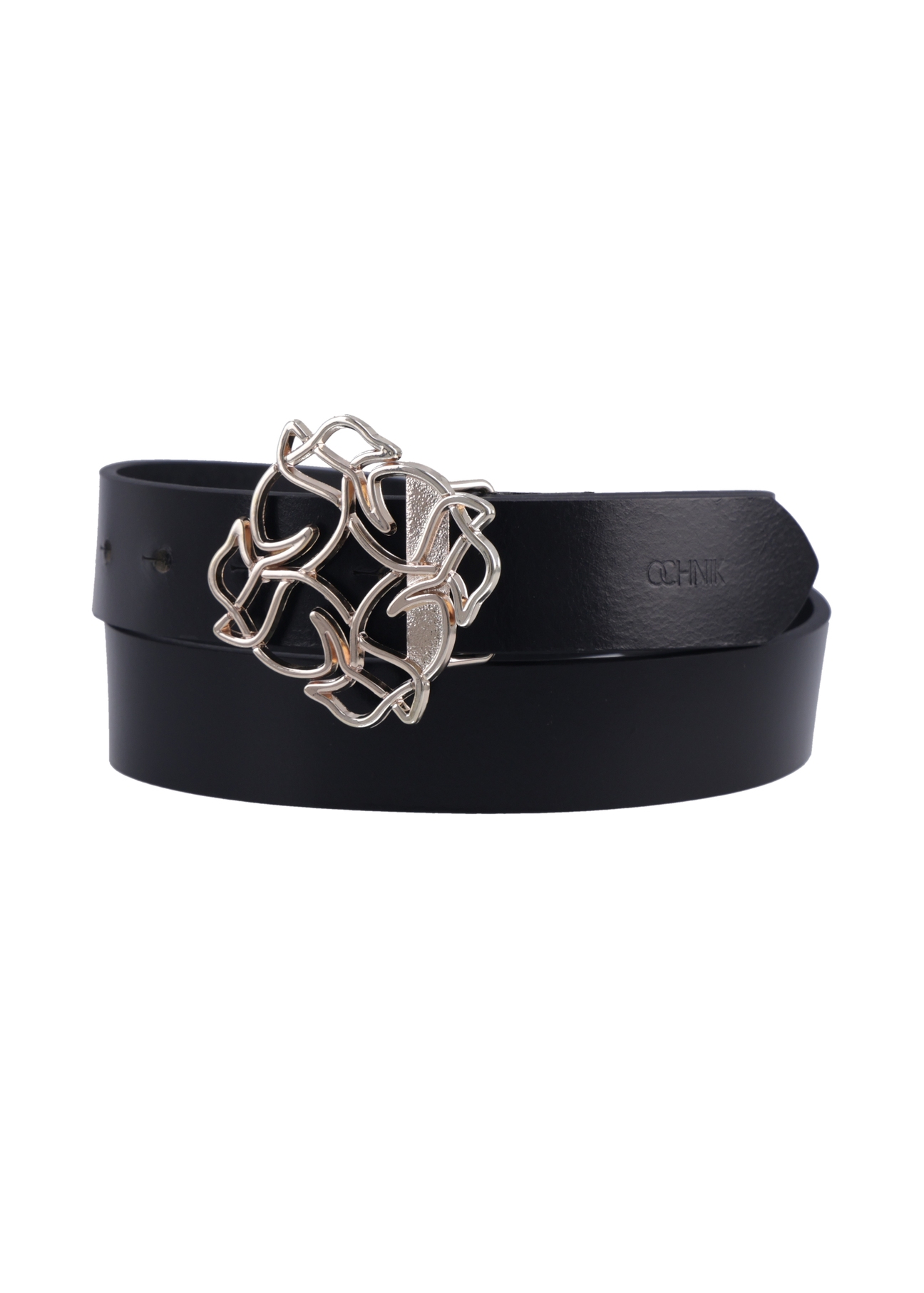 Black leather women's belt with decorative buckle PASDS-0305-99(Z25), front product view on white background.