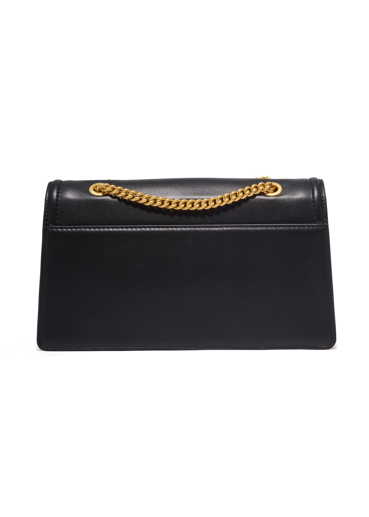 Black leather women's handbag with decorative element TORES-1394-99(Z26) - product view from the back, on a white background.