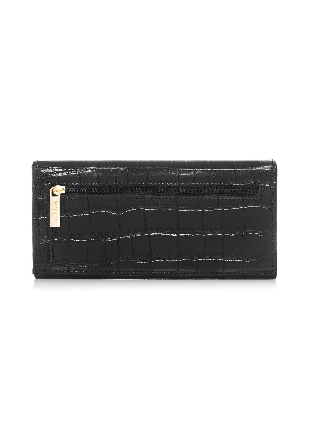 Women's leather black croco wallet PORES-0889-9G(W26), back view of the product on a white background.
