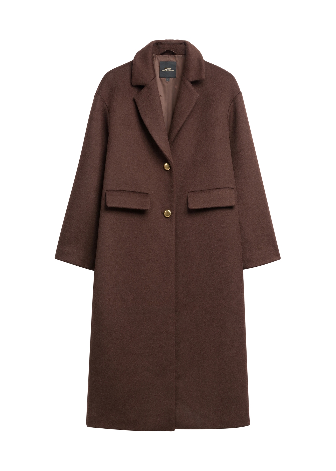 Long dark brown women's coat with wool PLADT-0085-1I(Z26), front product view on a light background.