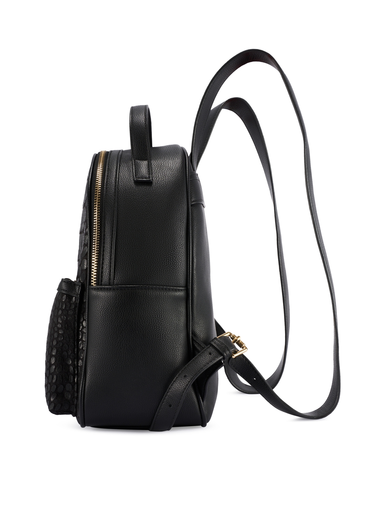 Black medium women's croco backpack TOREC-0920-9G(W26), product view from the side on a white background.