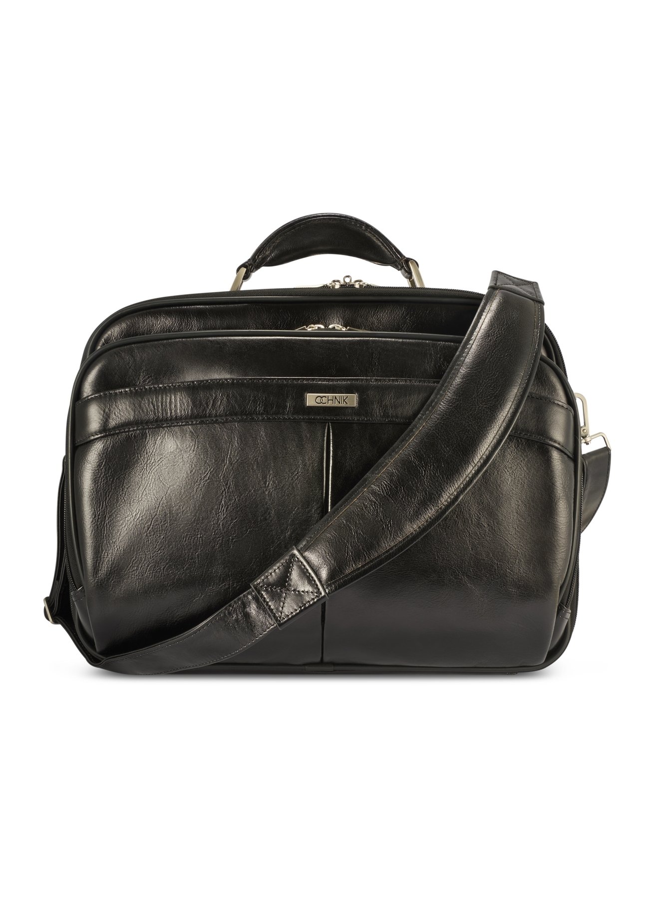 Black leather men's laptop bag TORMS-0482-99(Z25), product view from the front on a white background.