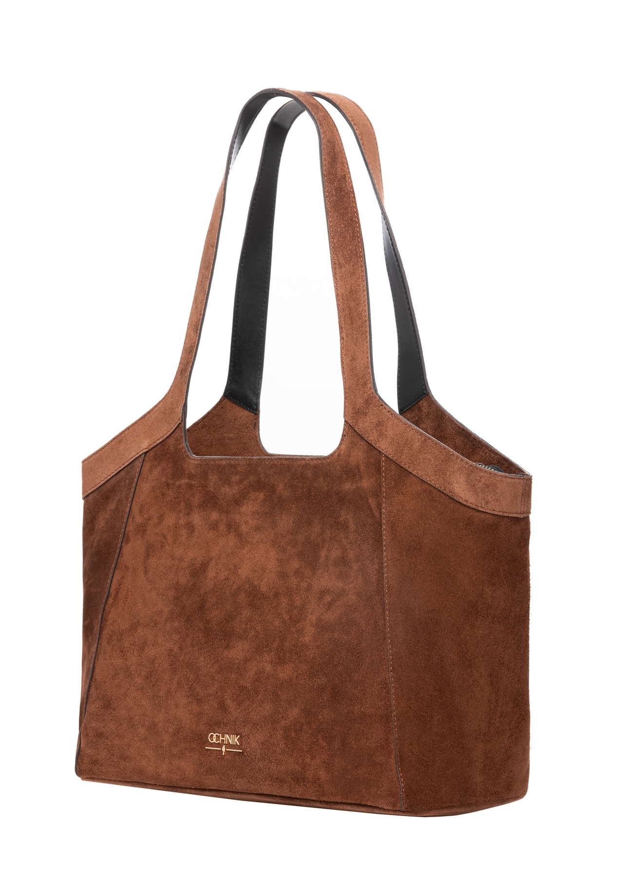 Cognac suede large women's handbag TORES-1169-1F(W26), diagonal product view on white background.