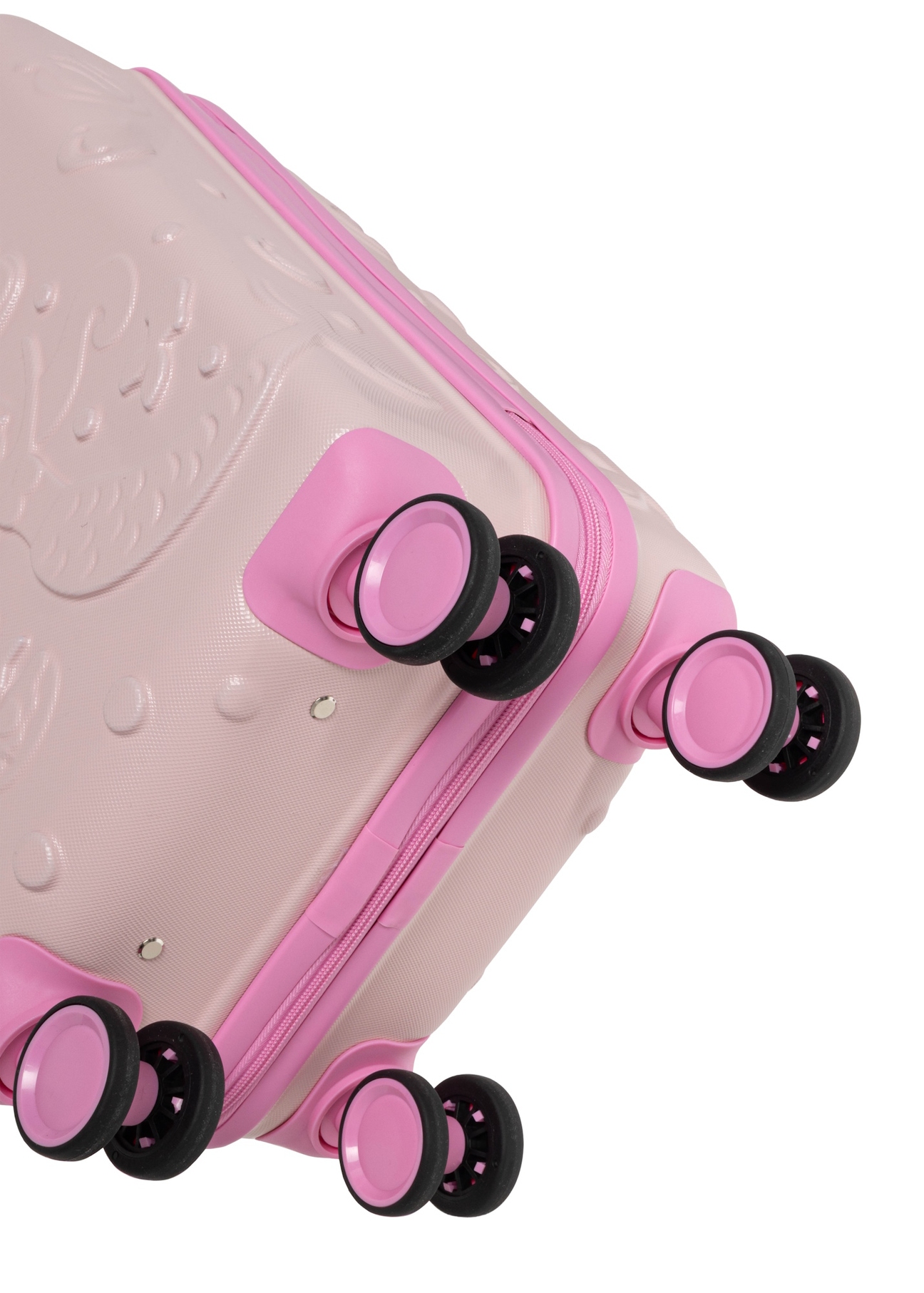Small pink suitcase on wheels WALAB-0087-5A-18(W26), view of the product wheels on a white background.