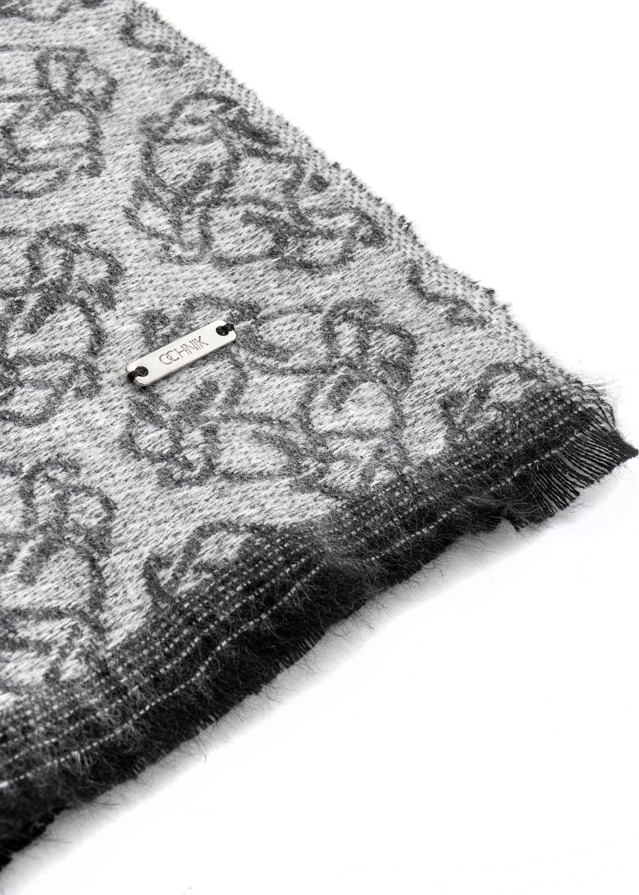 Large gray women's scarf with monogram SZADT-0130A-91(Z25), close-up of the product detail, view on a white background.