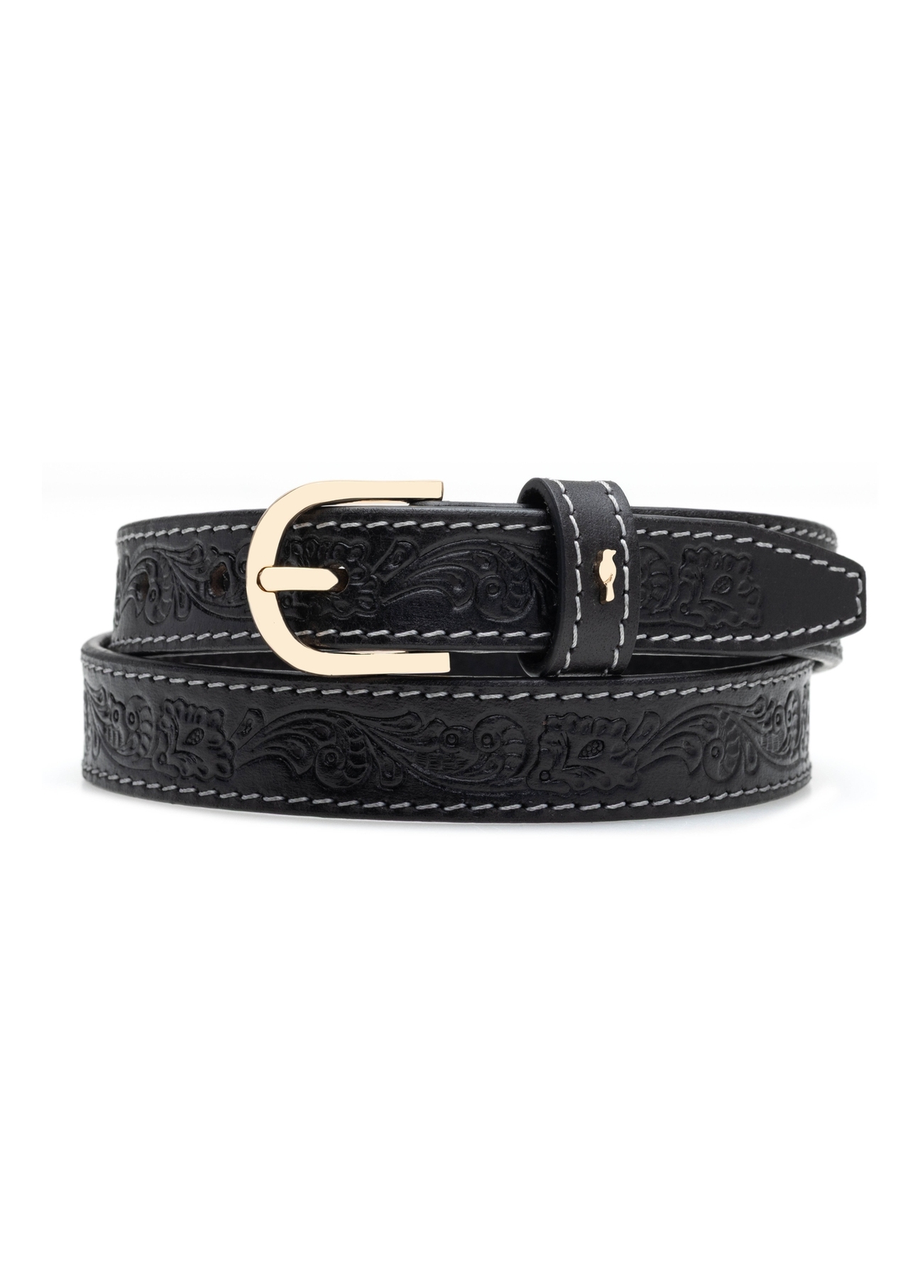 Black leather women's belt PASDS-0334-98(Z25), product view from the front on a white background.