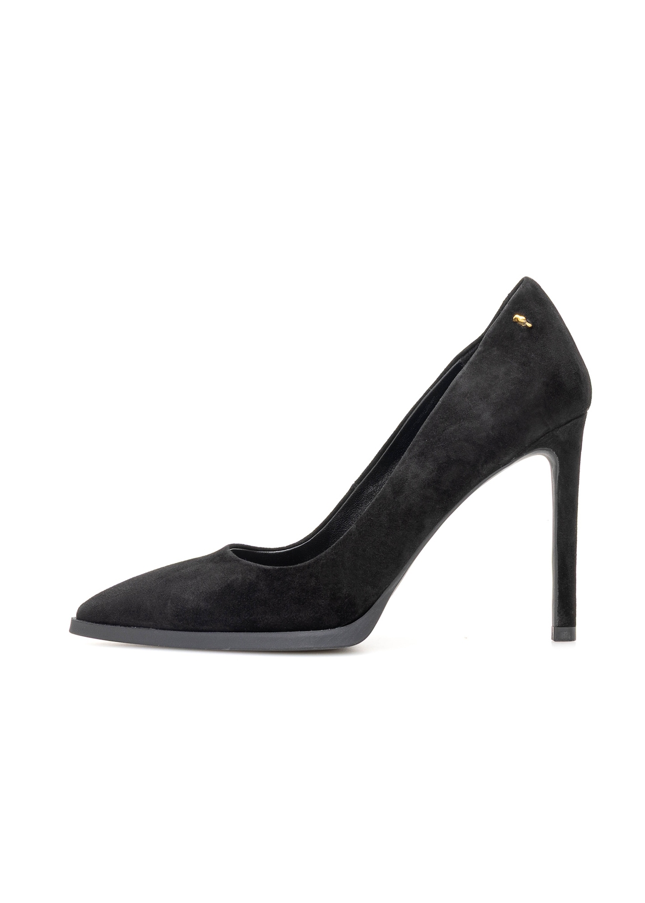 Women's black suede high heels BUTYD-1217-99(Z25), side view of the product on a white background.