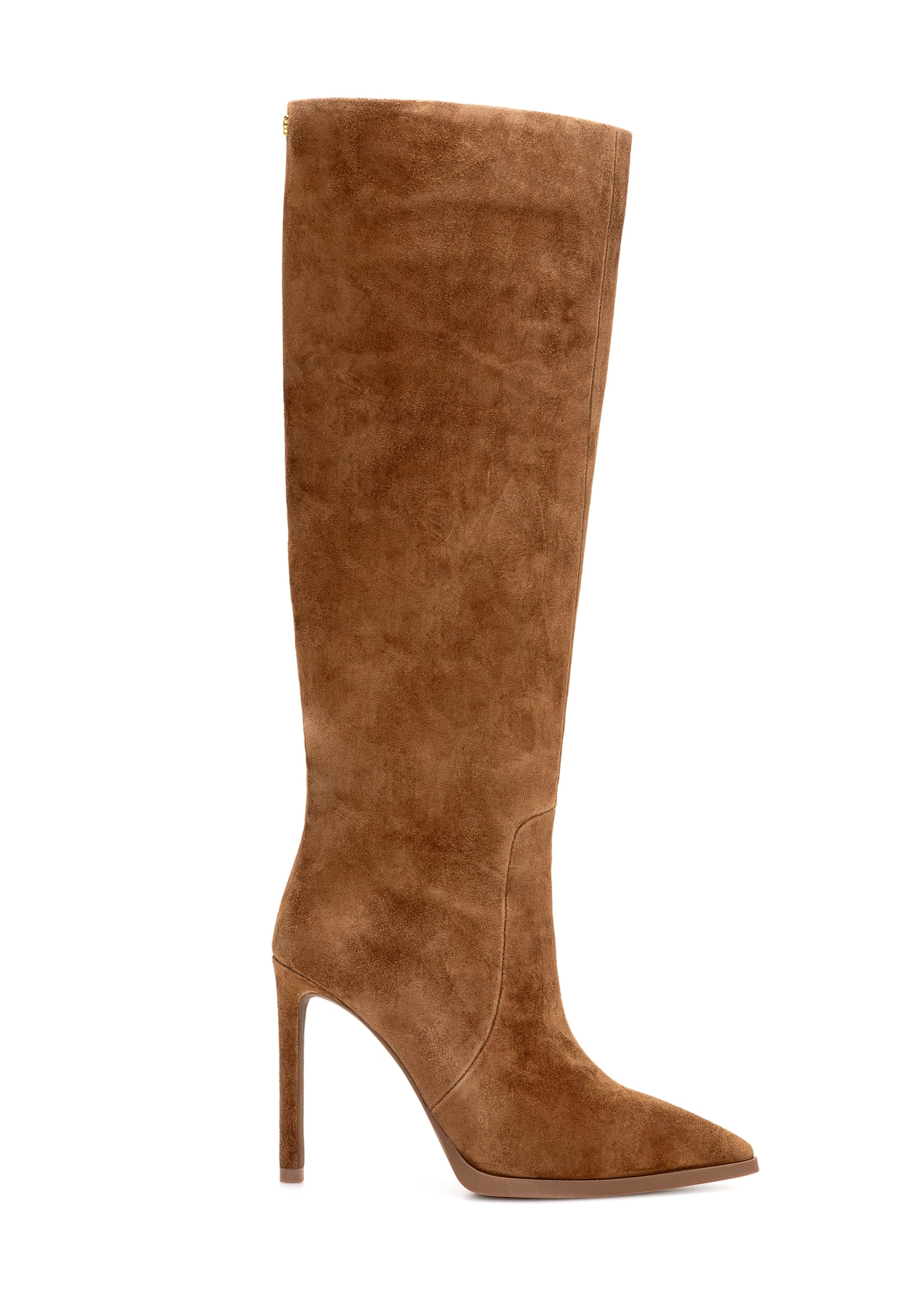 Brown suede women's boots BUTYD-1208-88(Z25), product view from the side on a white background.