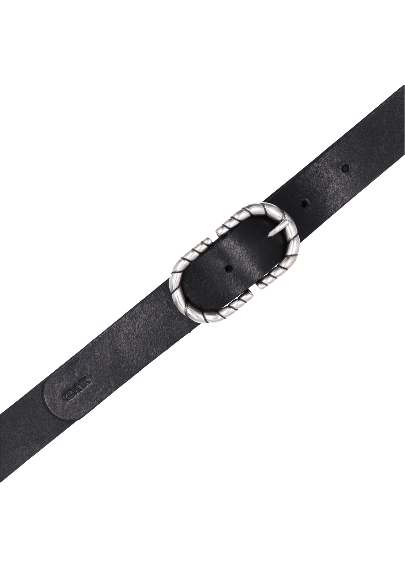 Black leather belt with decorative buckle PASDS-0354-99(Z26), top view of the product on a white background.