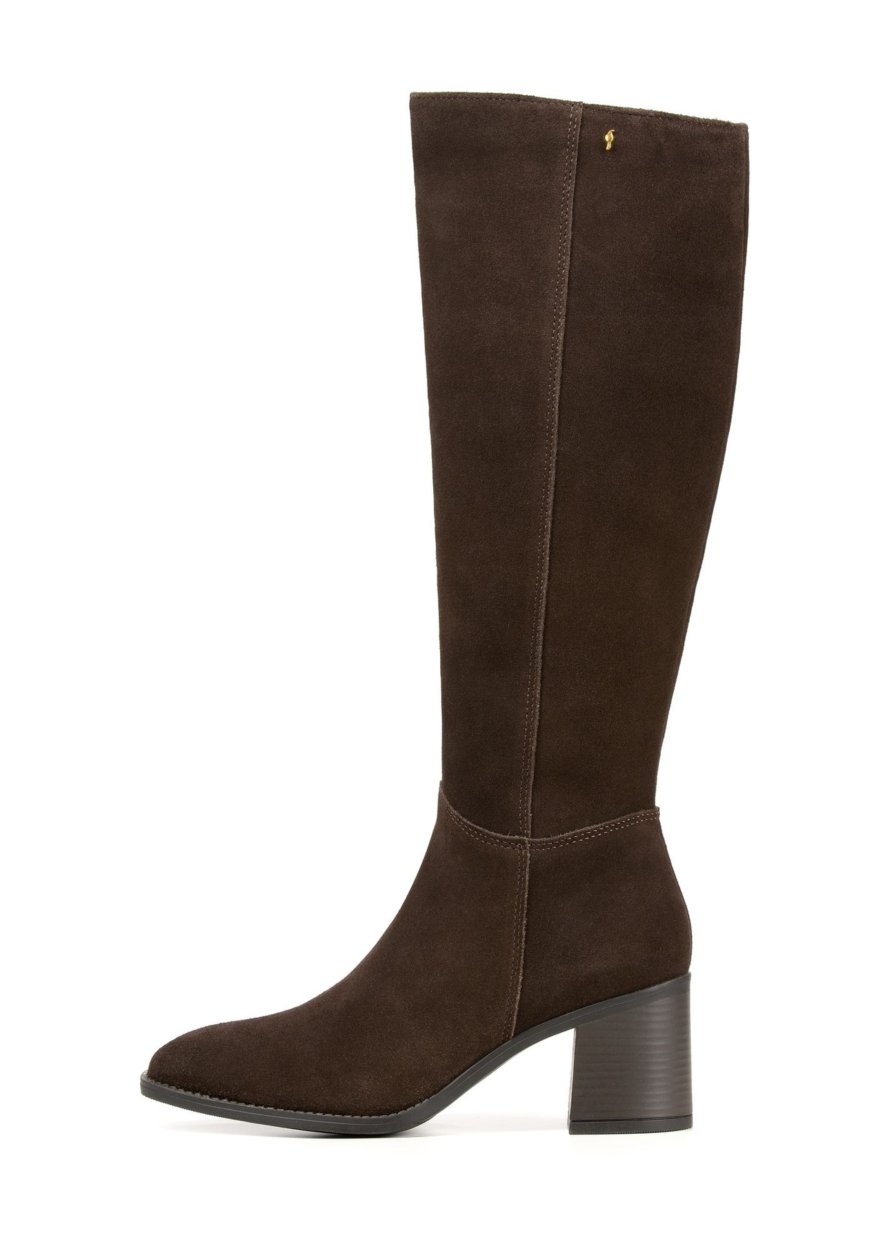 Brown suede high-heeled boots BUTYD-1100-1I(Z26), product view from the side on a white background.