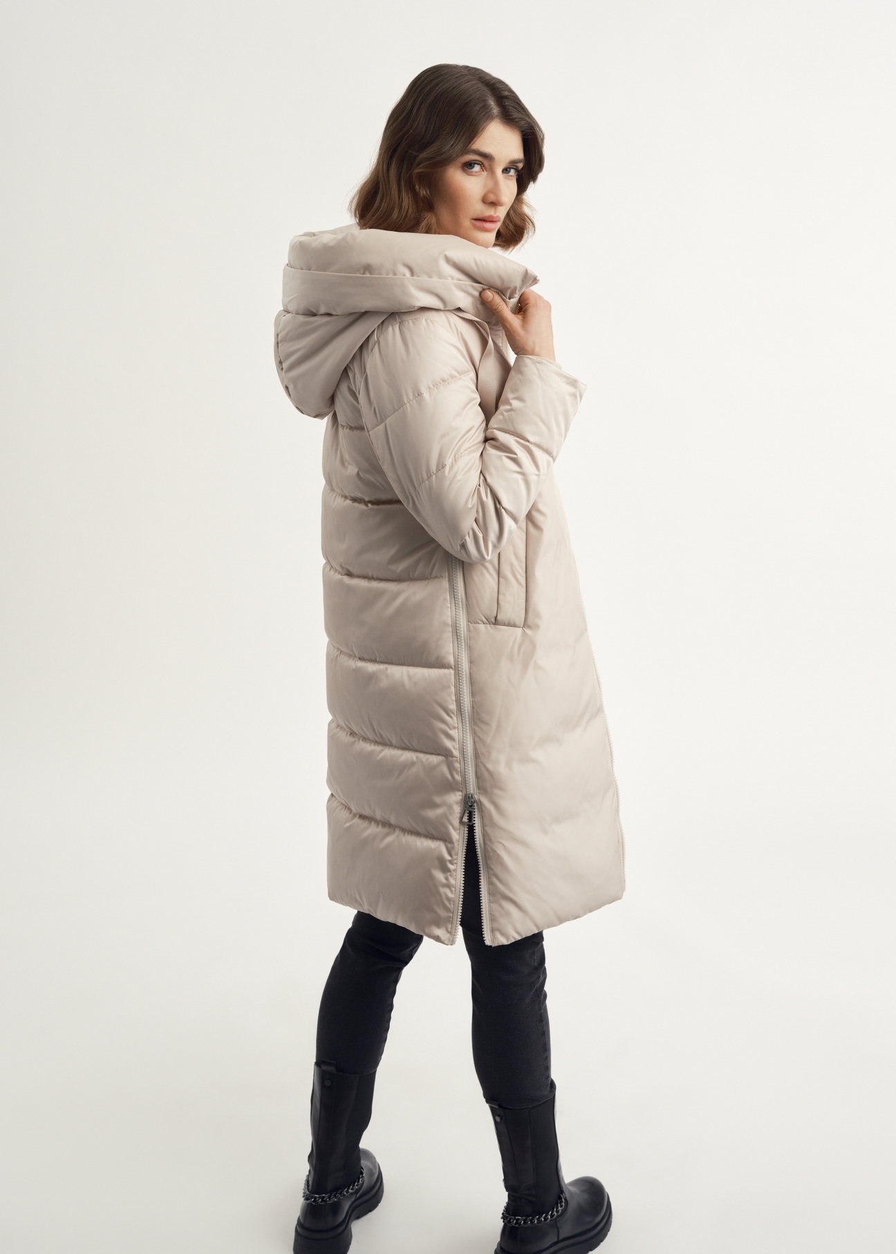Beige women's winter jacket with hood KURDT-0478-81(Z23)-04