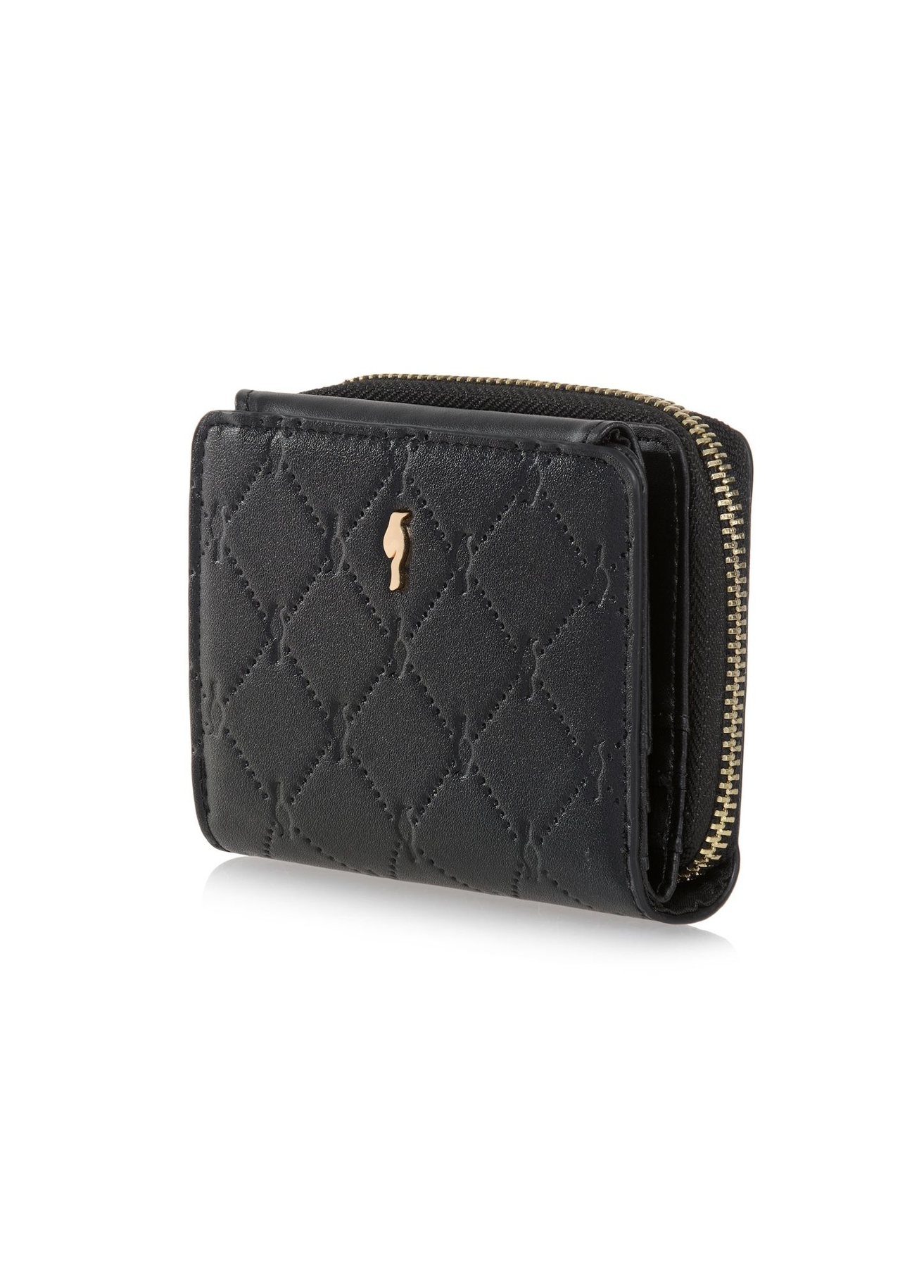 Small black women's wallet with monogram POREC-0349A-9P(Z26) diagonal product view on white background.