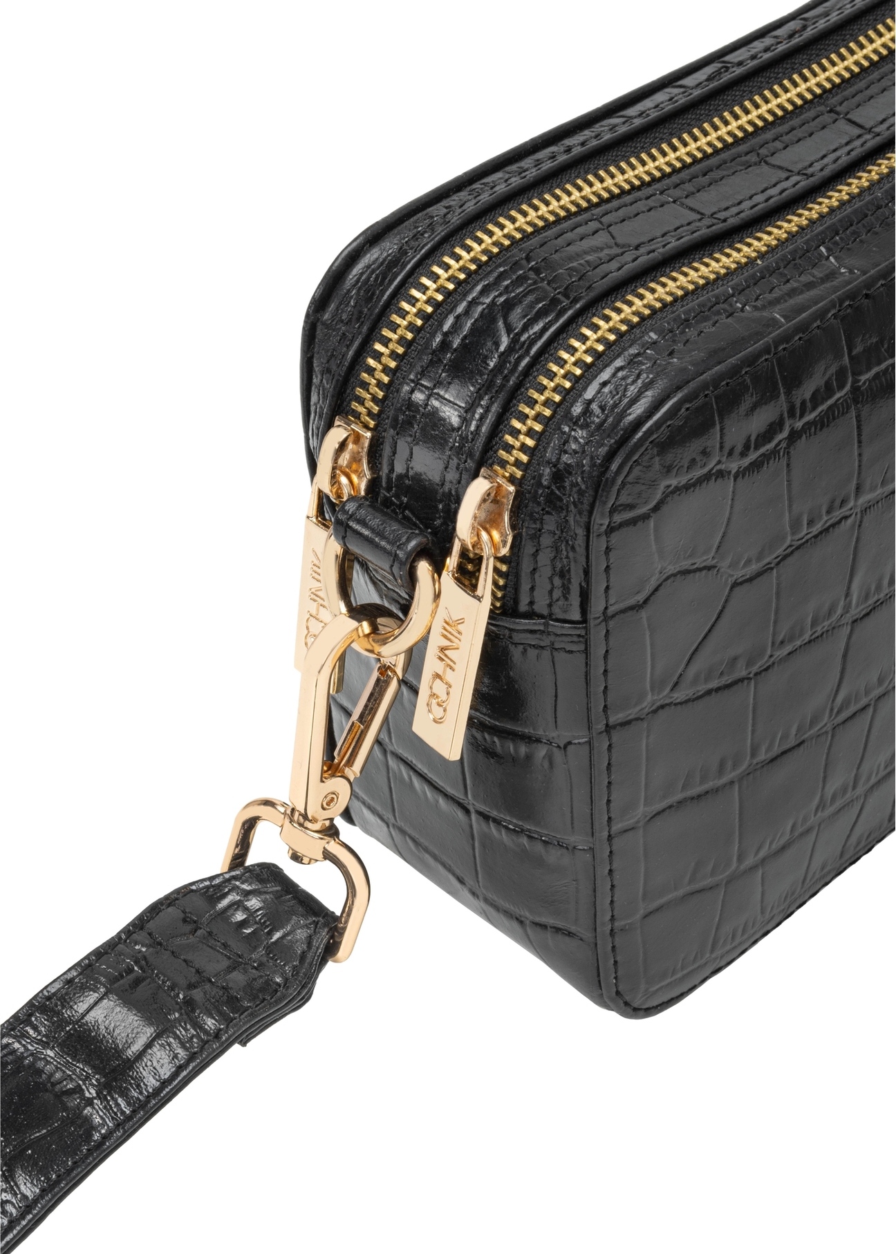 Small black leather croco handbag TORES-1231-9G(W26) - close-up detail, on white background.