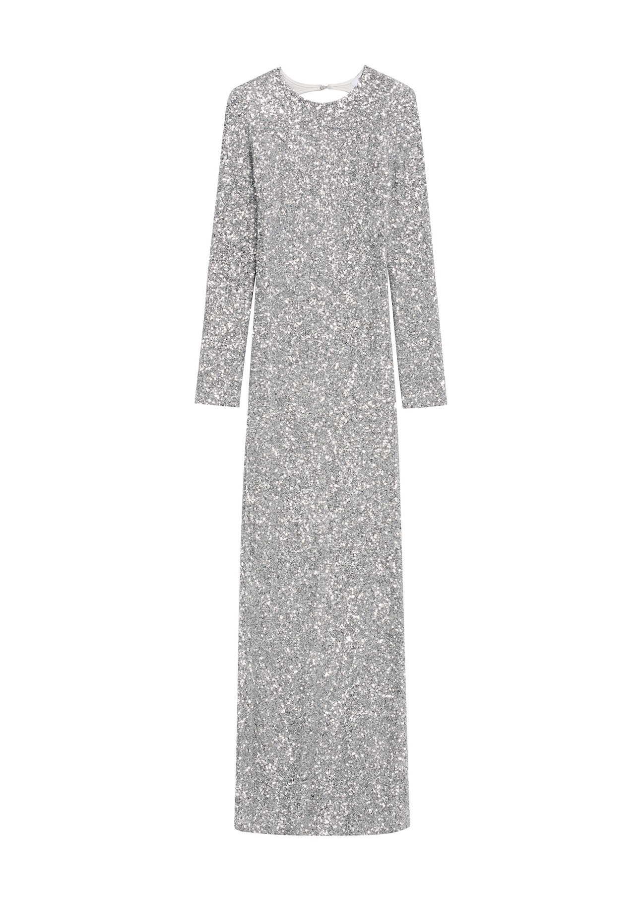 Long silver women's dress with sequins SUKDT-0249-92(Z25), product view from the front on a white background.