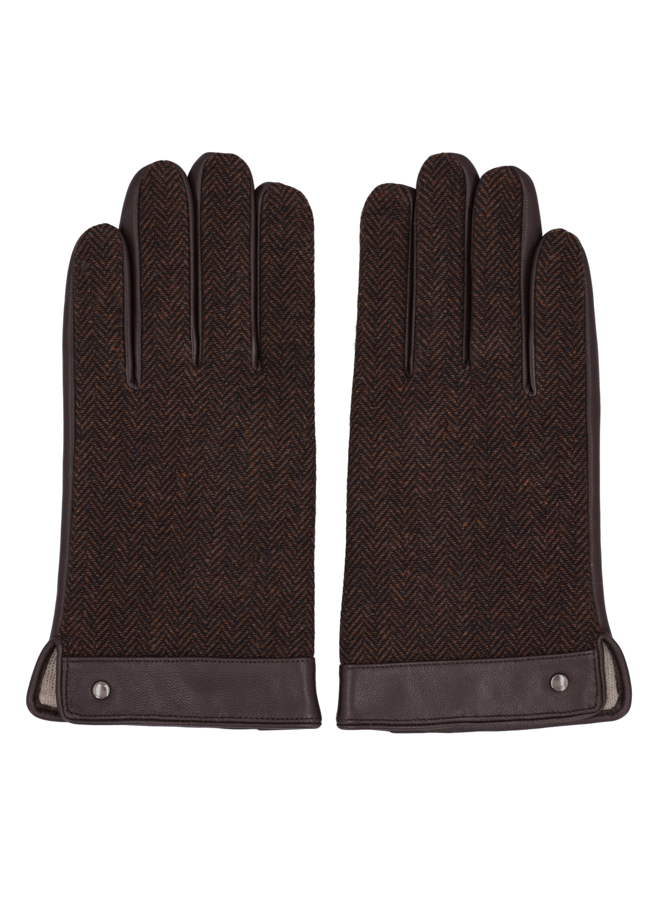 Men's brown herringbone leather gloves REKMS-0073R-1I(Z26), front product view on white background.